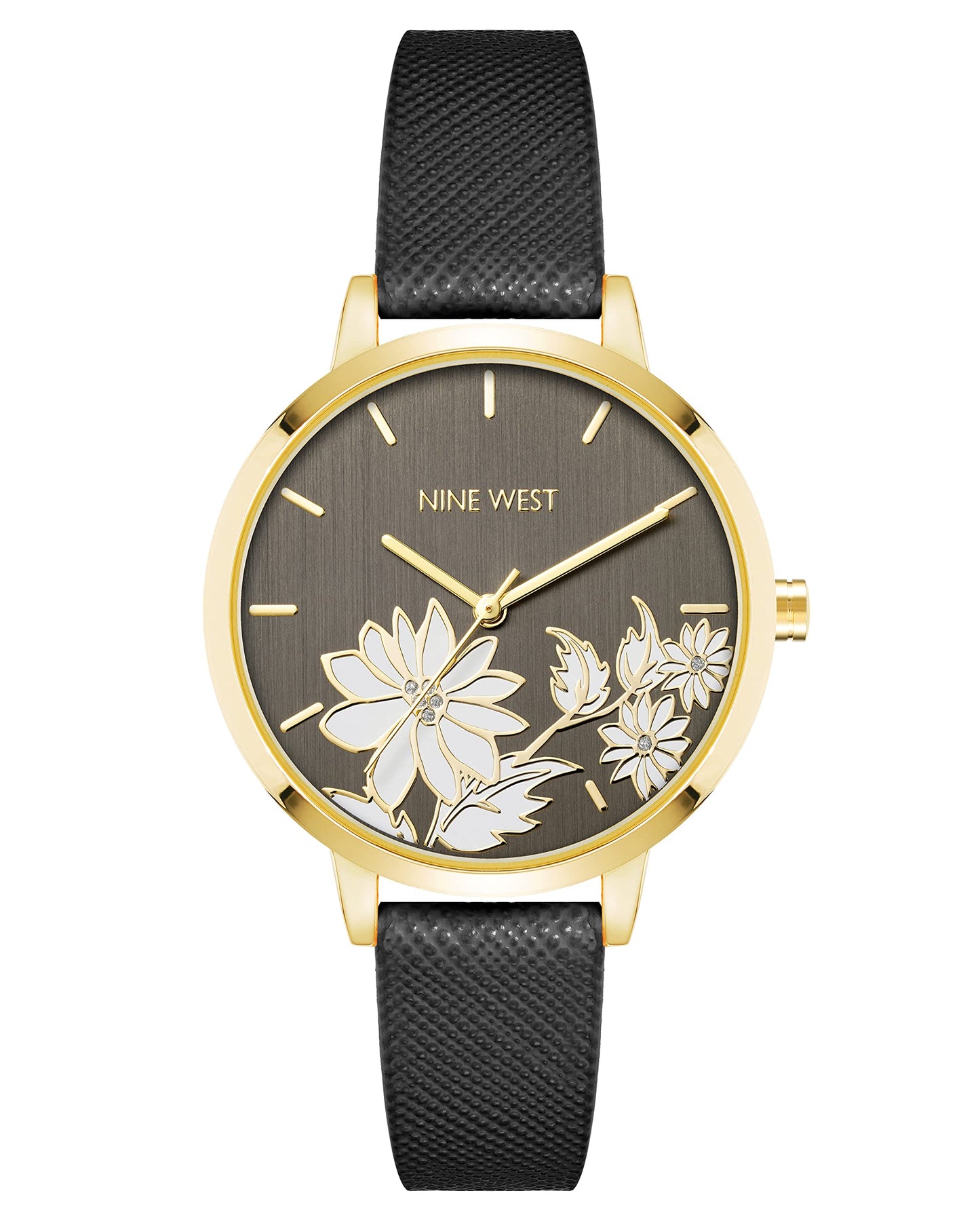 Nine West Women's Analog Watch, Black Saffiano Faux Leather Strap, Vegan Leather Strap, Limited Movement, Chronograph, Black/Gold, NW/2884