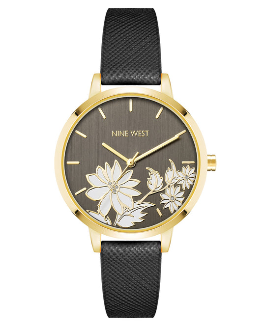 Nine West Women's Analog Watch, Black Saffiano Faux Leather Strap, Vegan Leather Strap, Limited Movement, Chronograph, Black/Gold, NW/2884