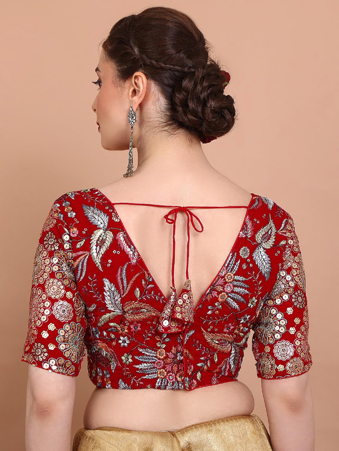 S SALWAR STUDIO Red Georgette Embroidered Readymade Alterable Blouse