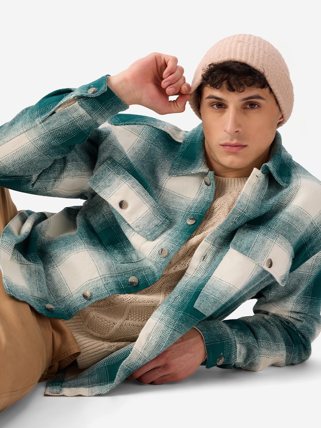 The Souled Store Plaid : Light Emerald and White Men and Boys Long Sleeve Collared Neck Button Front Cotton Oversized Fit Flannel Shackets