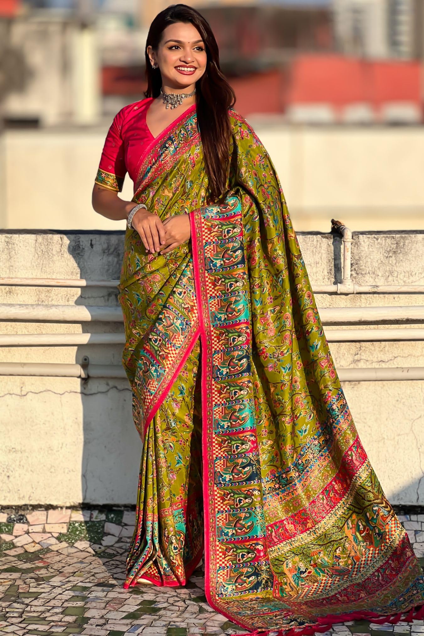 SGF11 Women's Kanjivaram Pure Soft Silk Position Printed Saree With Blouse Piece (Mahendi Green)