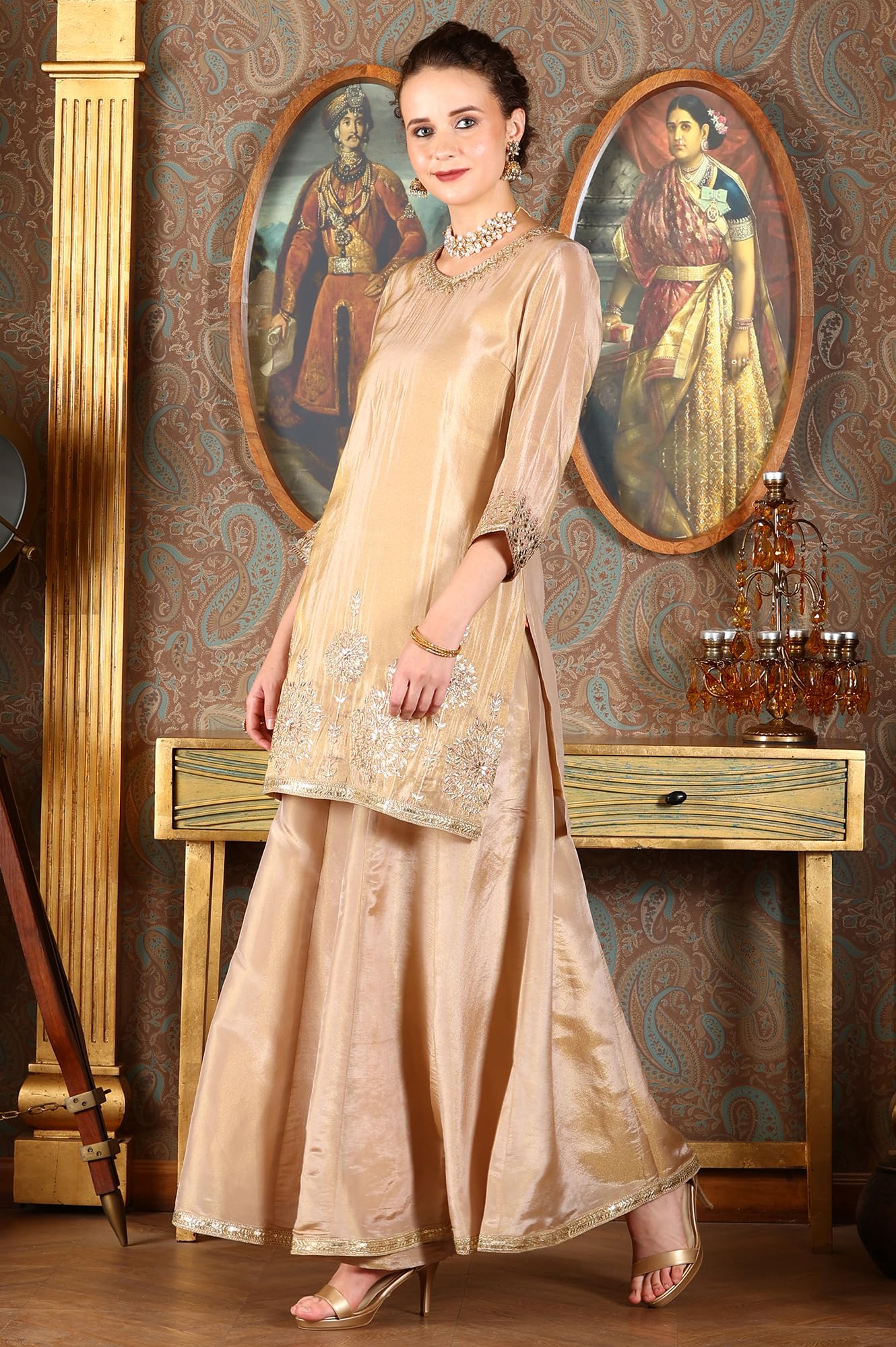 W for Woman Women's Gold Viscose Zari Embroidered Short Kurta Pant with Dupatta Set