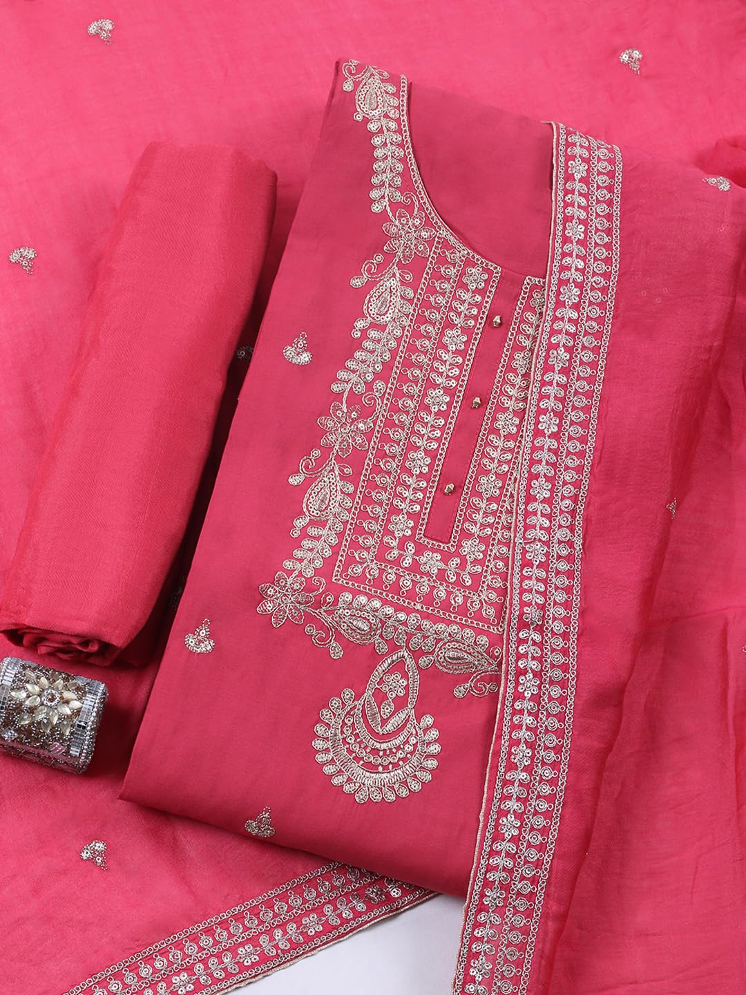 Meena Bazaar Printed Cotton Unstitched Kurta with Bottom & Dupatta