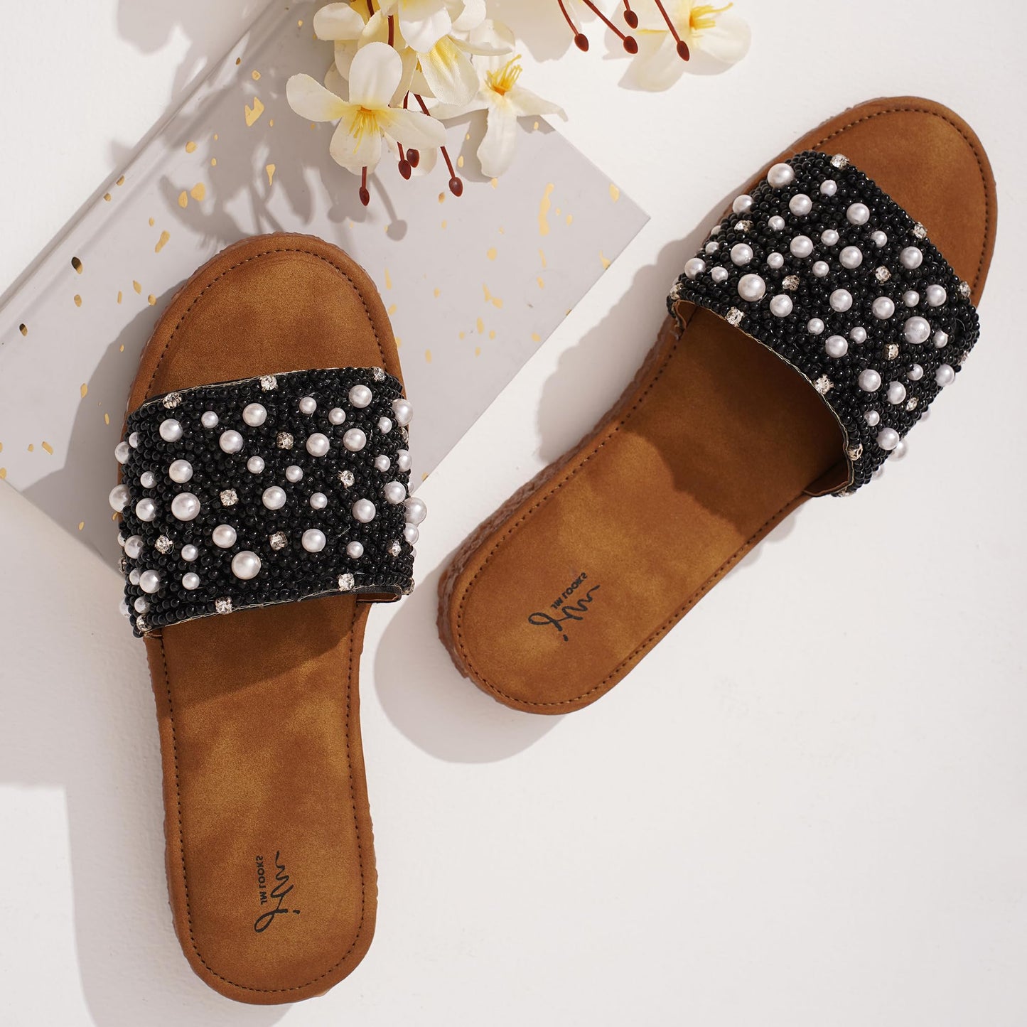 JM LOOKS Women & Girls Embllished Pearl Slide Flats Sandal Stylish Slippers for Daily Use Festival & Casualwear