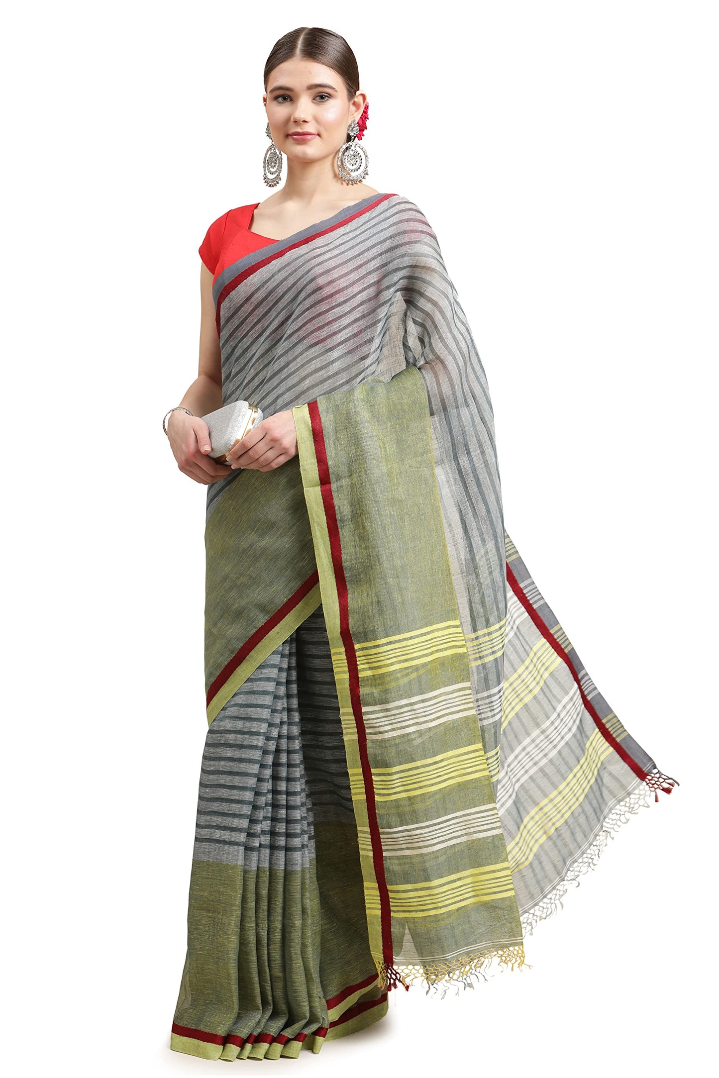 Aditri Women's Handloom Saree on Linen with Running Blouse (Multicolored)