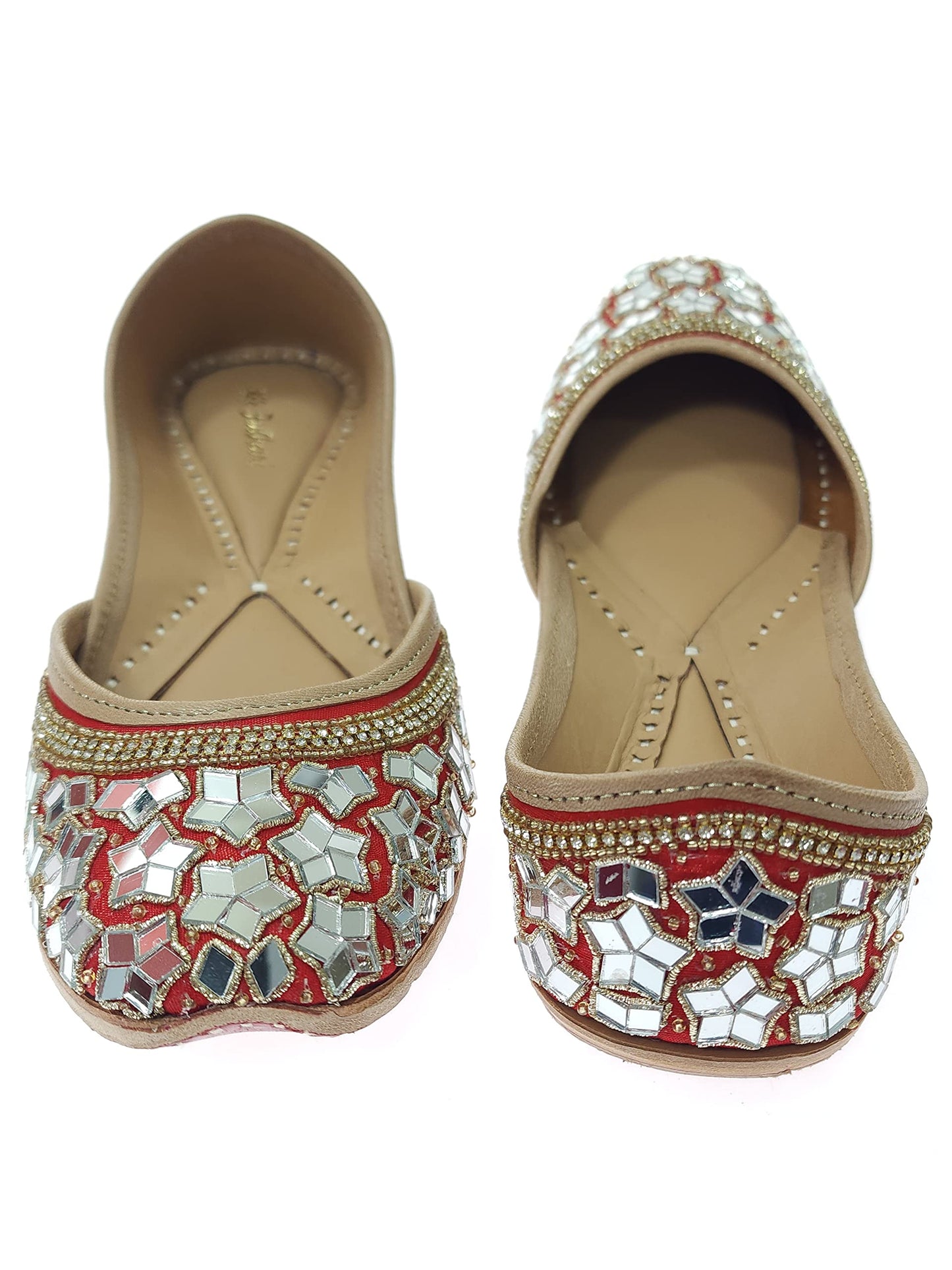 Fulkari Women's Mirror Flower Genuine Soft Leather Embroidered Jutis | Bite and Pinch Free Jutti | Punjabi Formal Juttis | Girl's Wedding Flat Ladies Mojari | Formal Ethnic Juti |