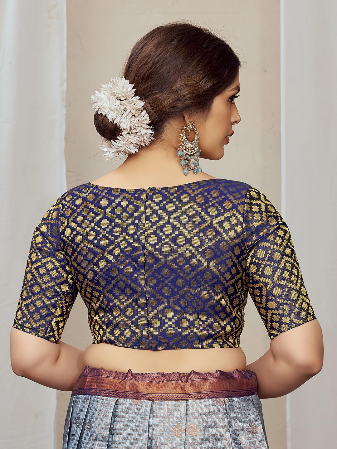 Vardha Brocade Readymade Elbow Length Sleeves Saree Blouse Patola Designs| Boat Neck Blue Blouse