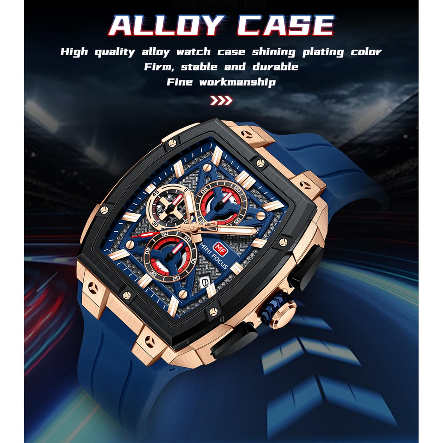 MF MINI FOCUS Men's Quartz Watch Wine Barrel Outdoor Style Curved Mirror Multi-Layer Hollow Men's Watch 0602G, Blue, Modern