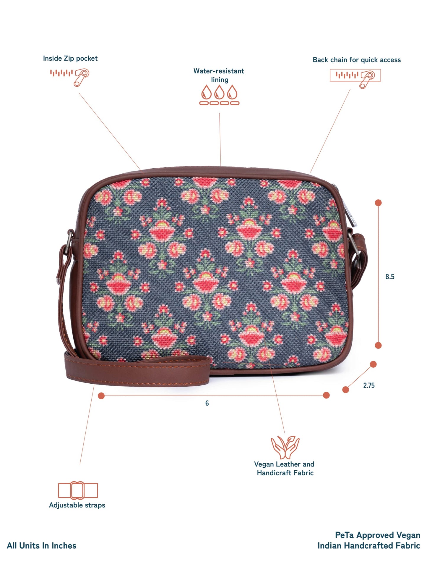 ZOUK Sling Bag | Crossbody Bags for Women | Women's Handbags | Stylish | Vegan Leather Evening Bag | Travel & Office Use | Purse and Wallet | Mughal Garden Print Print