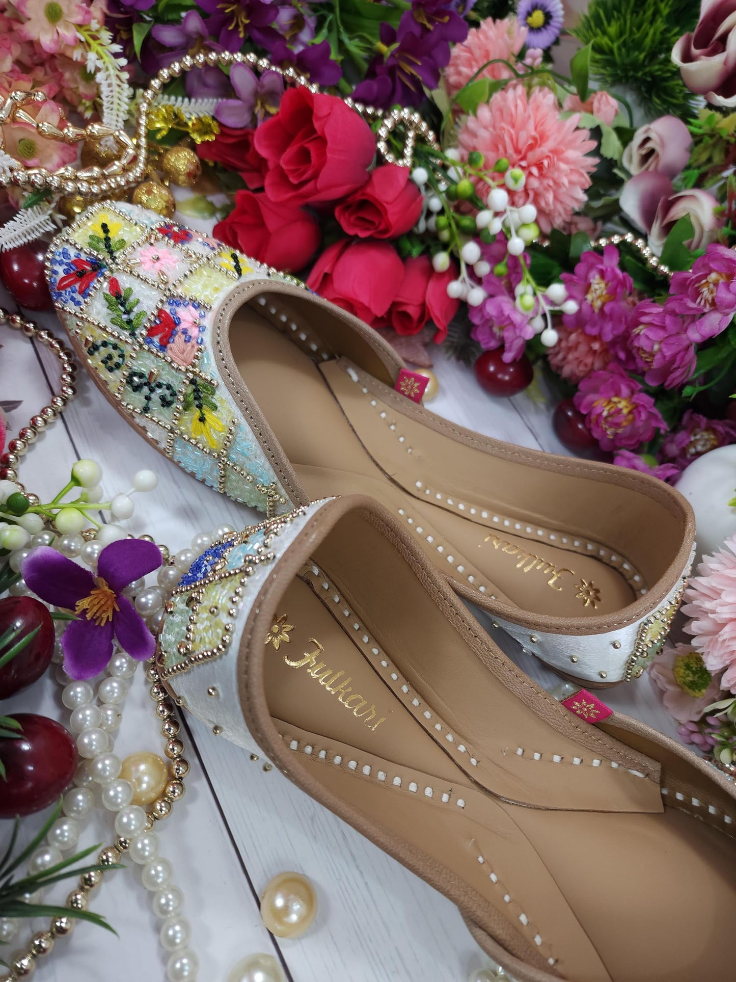 Fulkari Women Paradise Gold Multi Formal Genuine Soft Leather Jutis | Bite and Pinch Free Juttis | Punjabi Jutti | Girl's Wedding Flat Ladies Mojari Ethnic Juti |