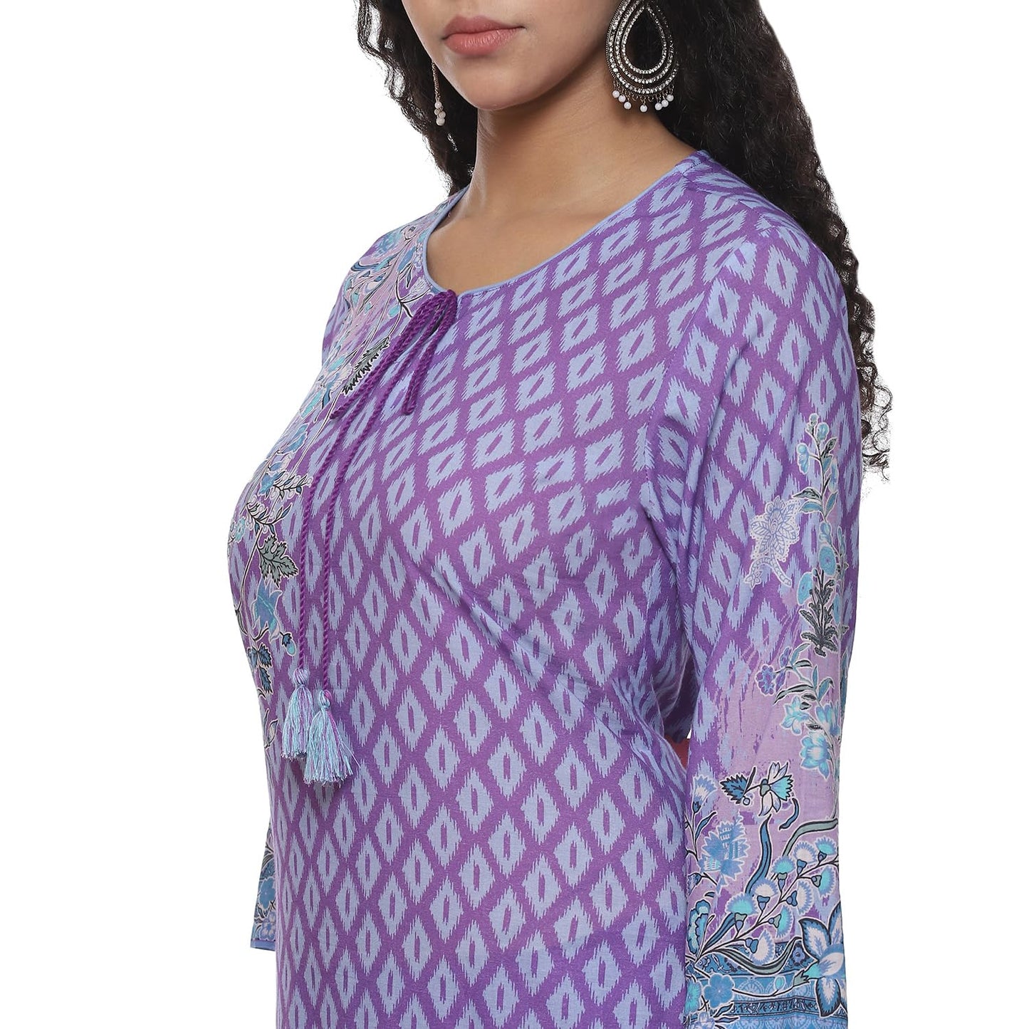 BIBA Cotton Women Printed Straight Salwar Kurta Dupatta (Skdassorted7483E_Lavendar_34)