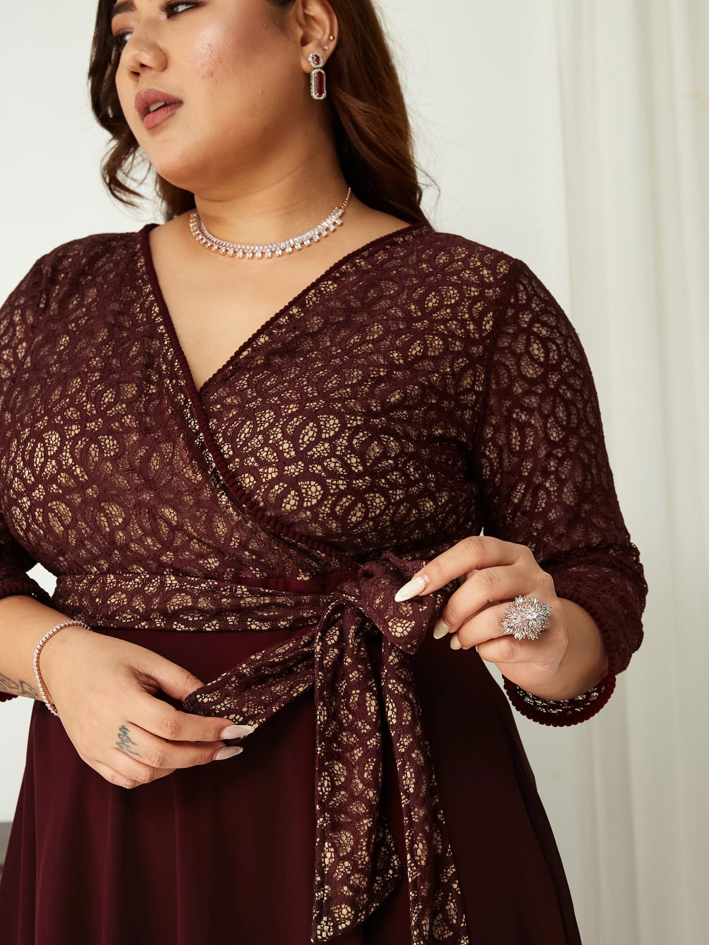Miss Chase A+ Women's V-Neck 3/4 Sleeve Floral Wrap Maxi Dress (APSS21D14-67-758-08, Mulberry Wine, 3XL)