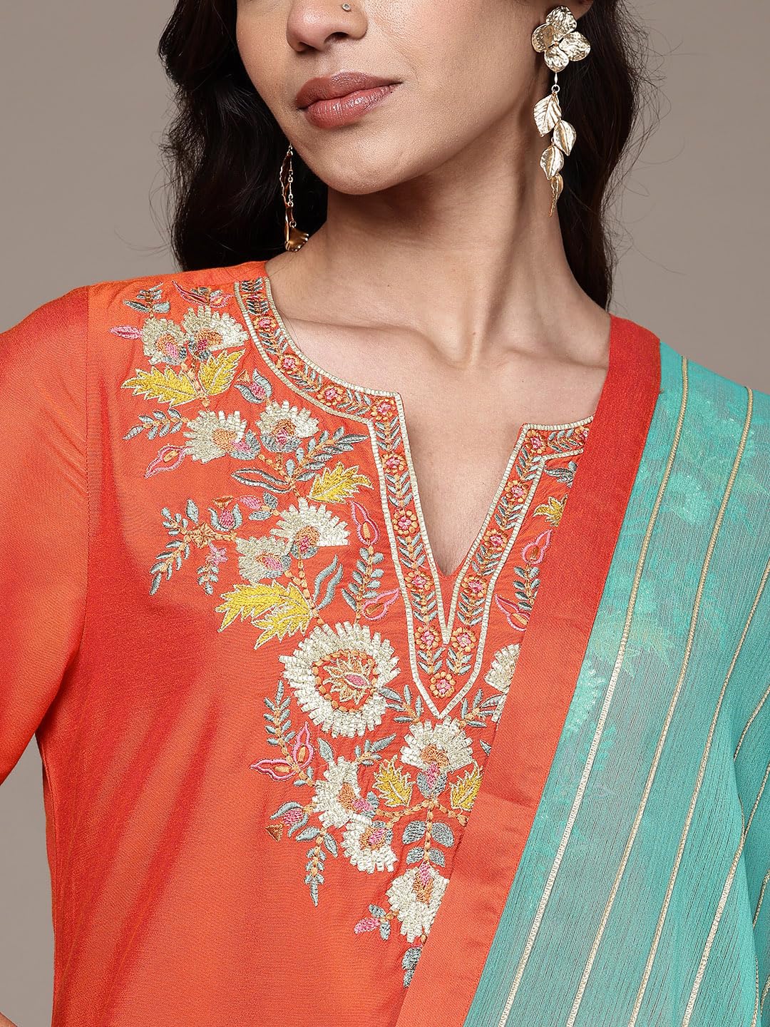 Aarke Ritu Kumar Orange Laila Festive Round Neck Kurti With Pant And Dupatta