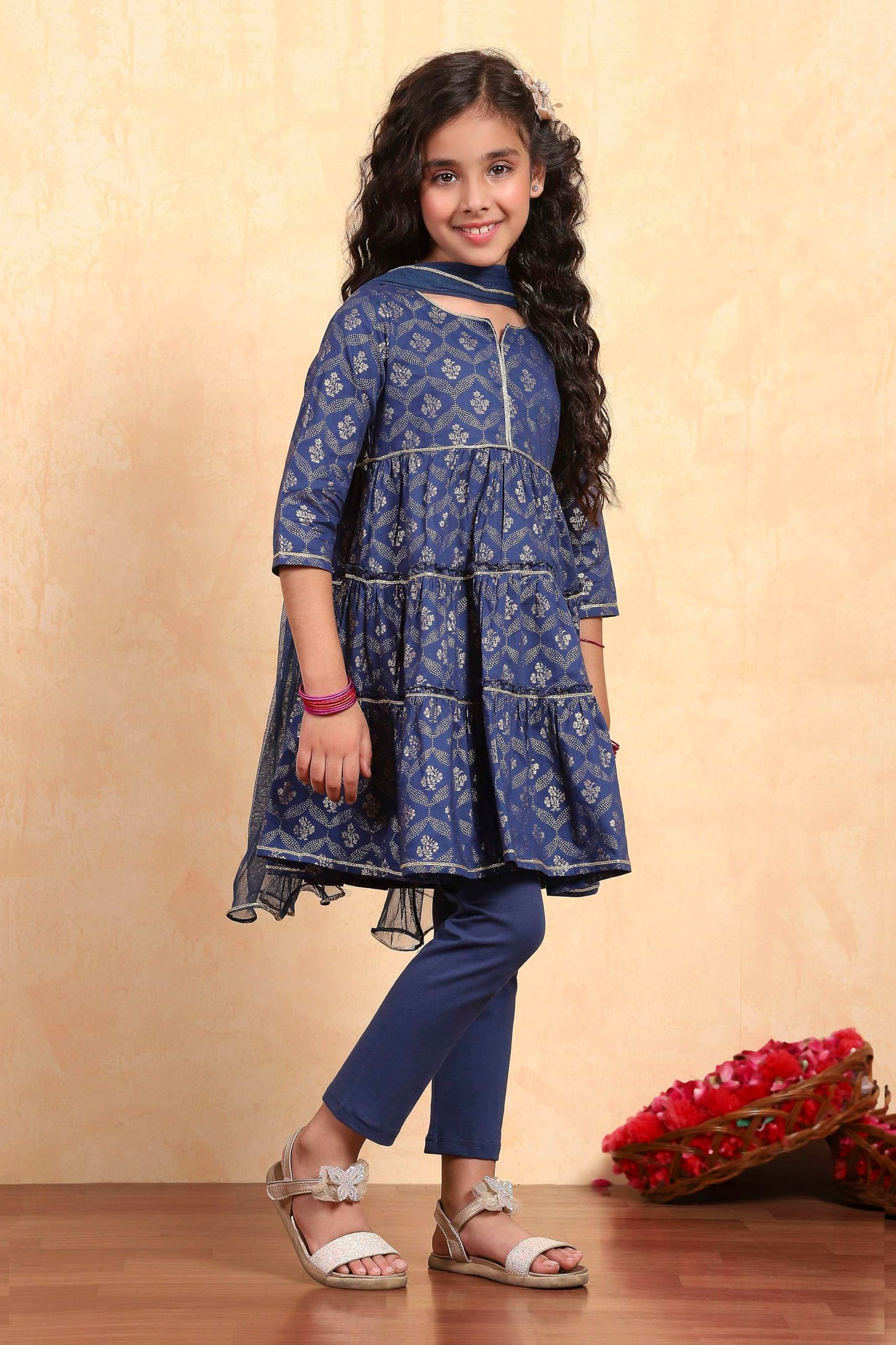 Biba Girl's Blue Cotton Tiered Printed Kurta Churidar Set