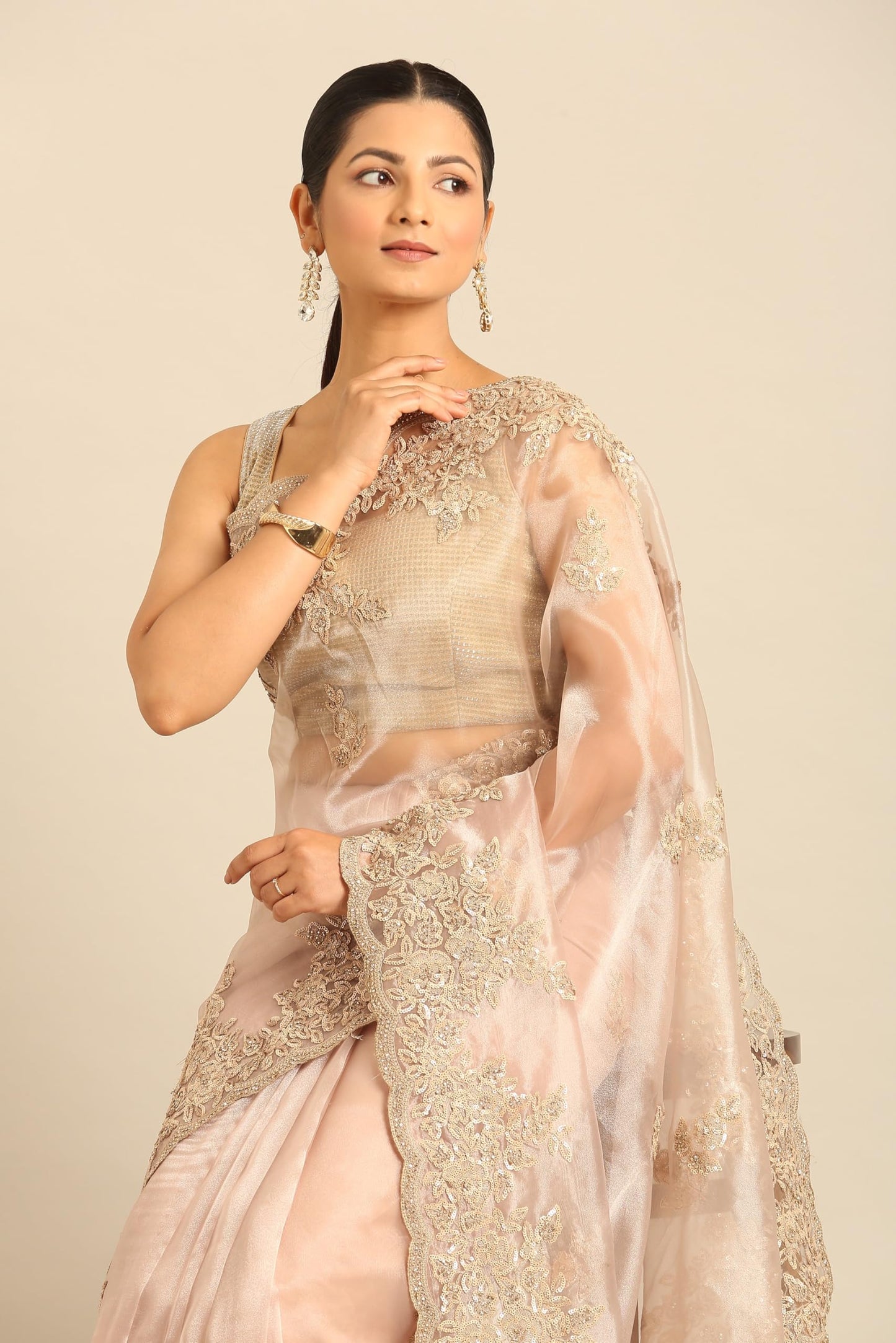 MOHEY Women's Fawn Organza Embroidered Sequins Saree