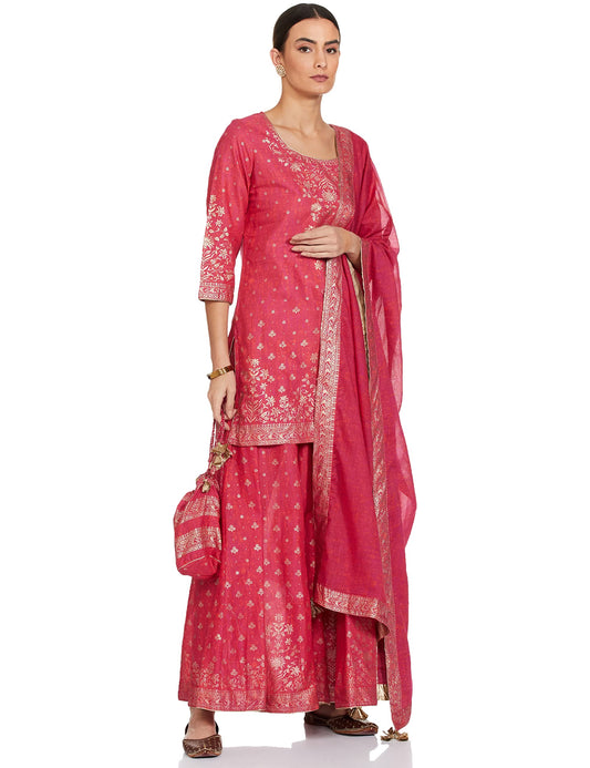 Biba WOMEN PRINTED STRAIGHT SALWAR KURTA DUPATTA(SKDSUMMER G7827_FUCHSIA_42)