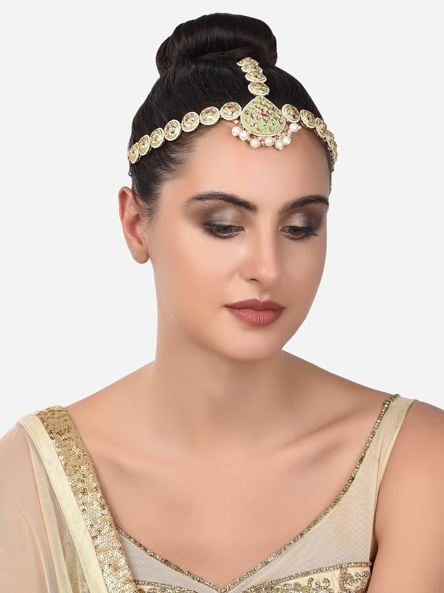 Zaveri Pearls Green Meenakari & Pink Kundan Bridal Floral MathaPatti For Women-ZPFK14450