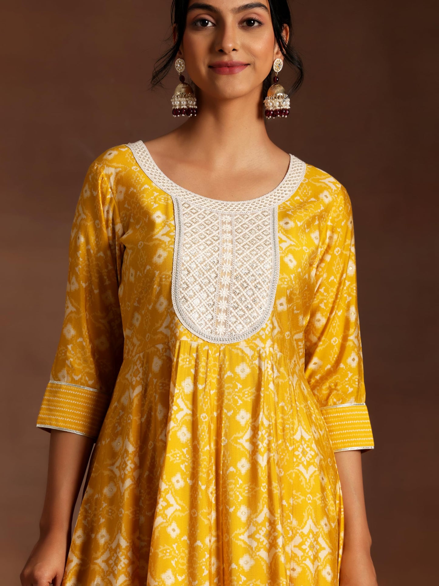 Libas Mustard Printed Silk Blend Anarkali Kurta With Churidar & Dupatta