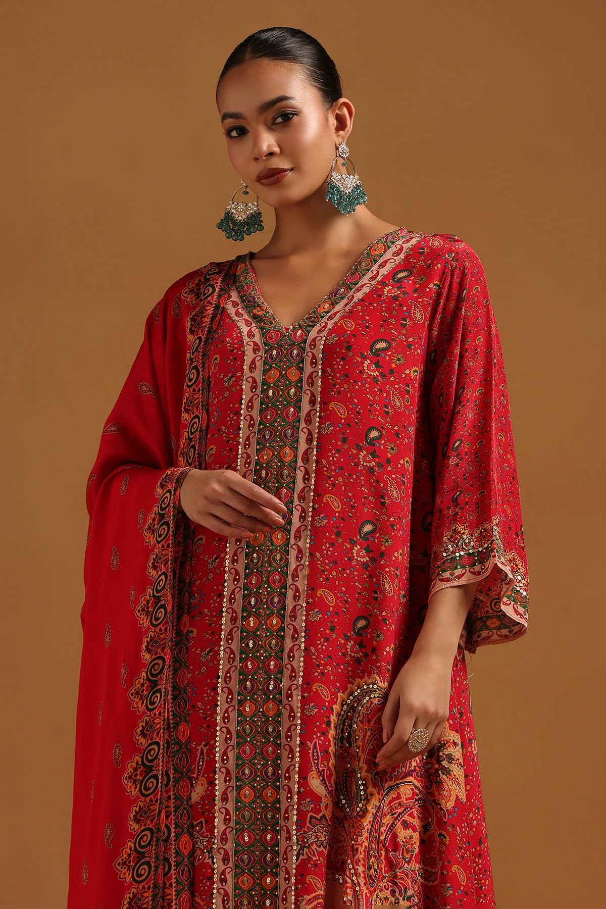 Soch Womens Red Crepe Paisley Print Salwar Suit With Beads And Stones