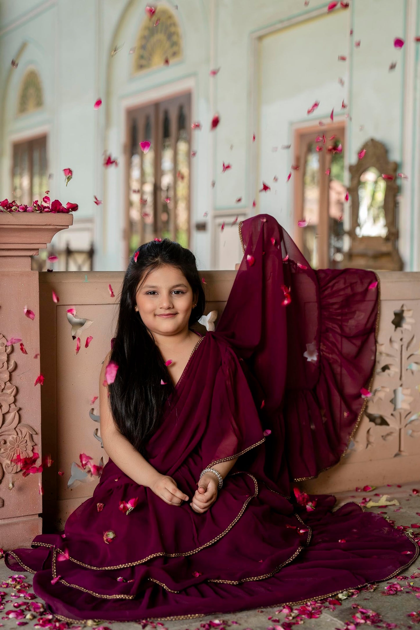 Jaipurite Kids Festive Designer Ruffle Saree Lehenga with Choli | Stylish Indian Wear for Girls (Wine, 9-10 Y)