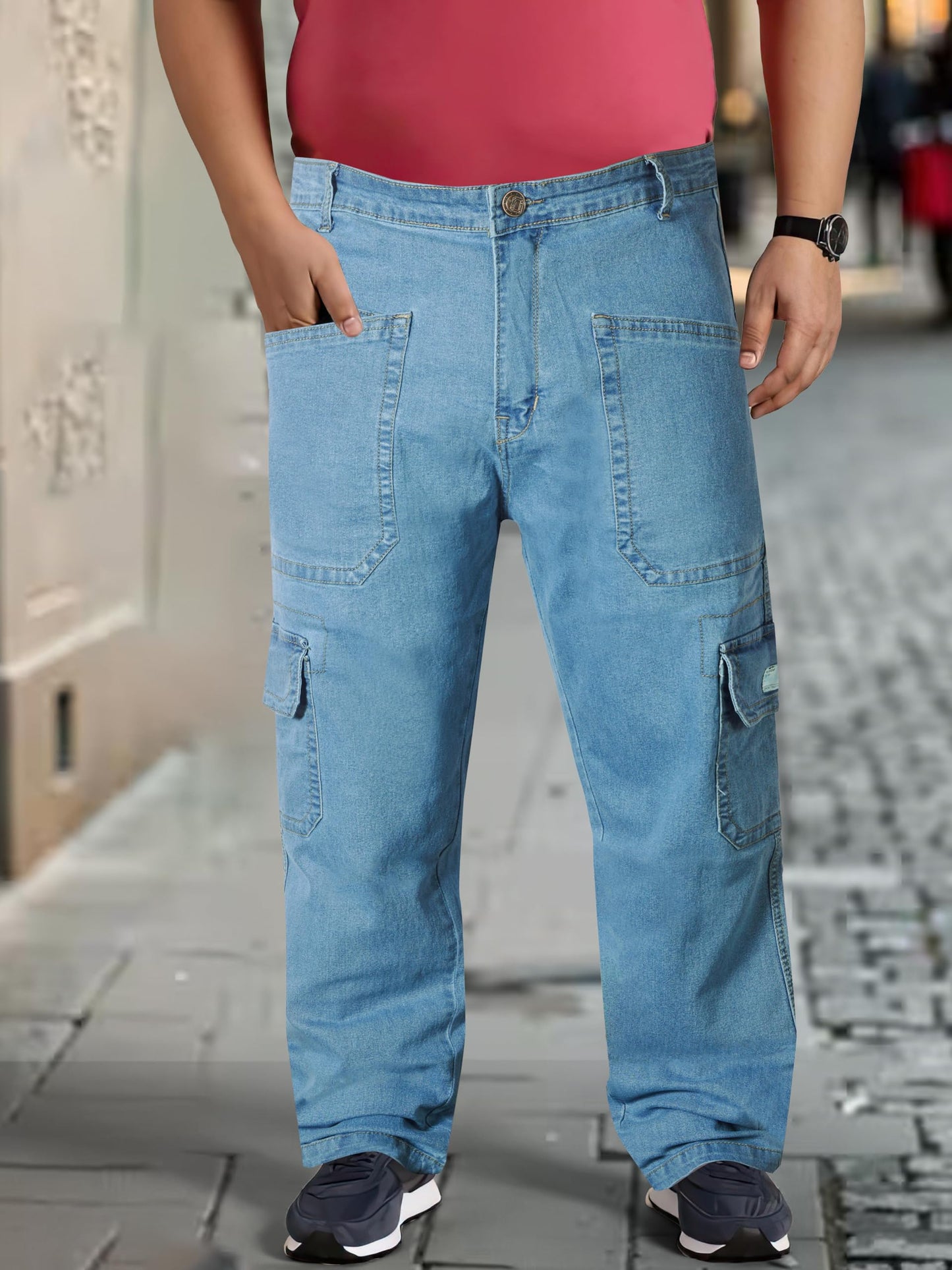 RIG BONE Men's Cargo Jeans Light Blue – Size 48 | Relaxed Plus Size Cotton Denim for Comfort