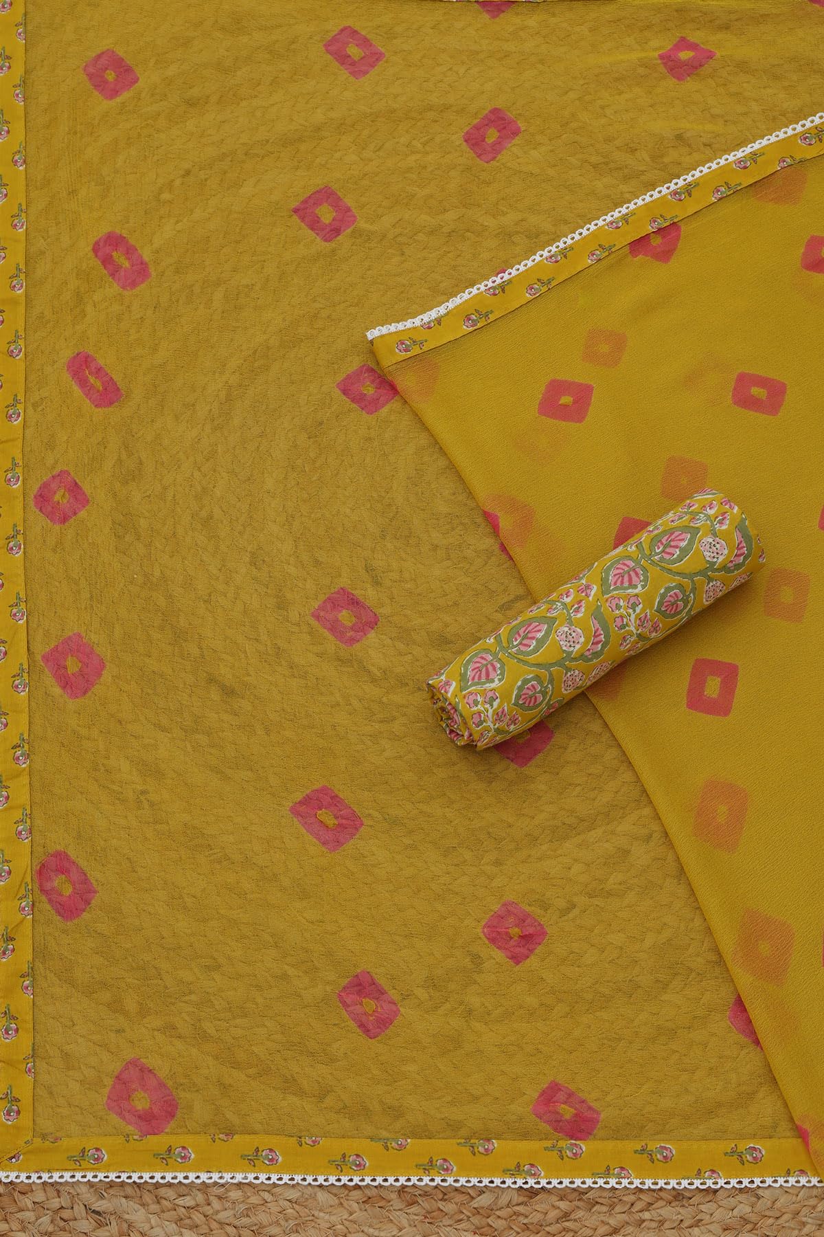 Soch Womens Mustard Cotton Floral Dress Material With Thread Work