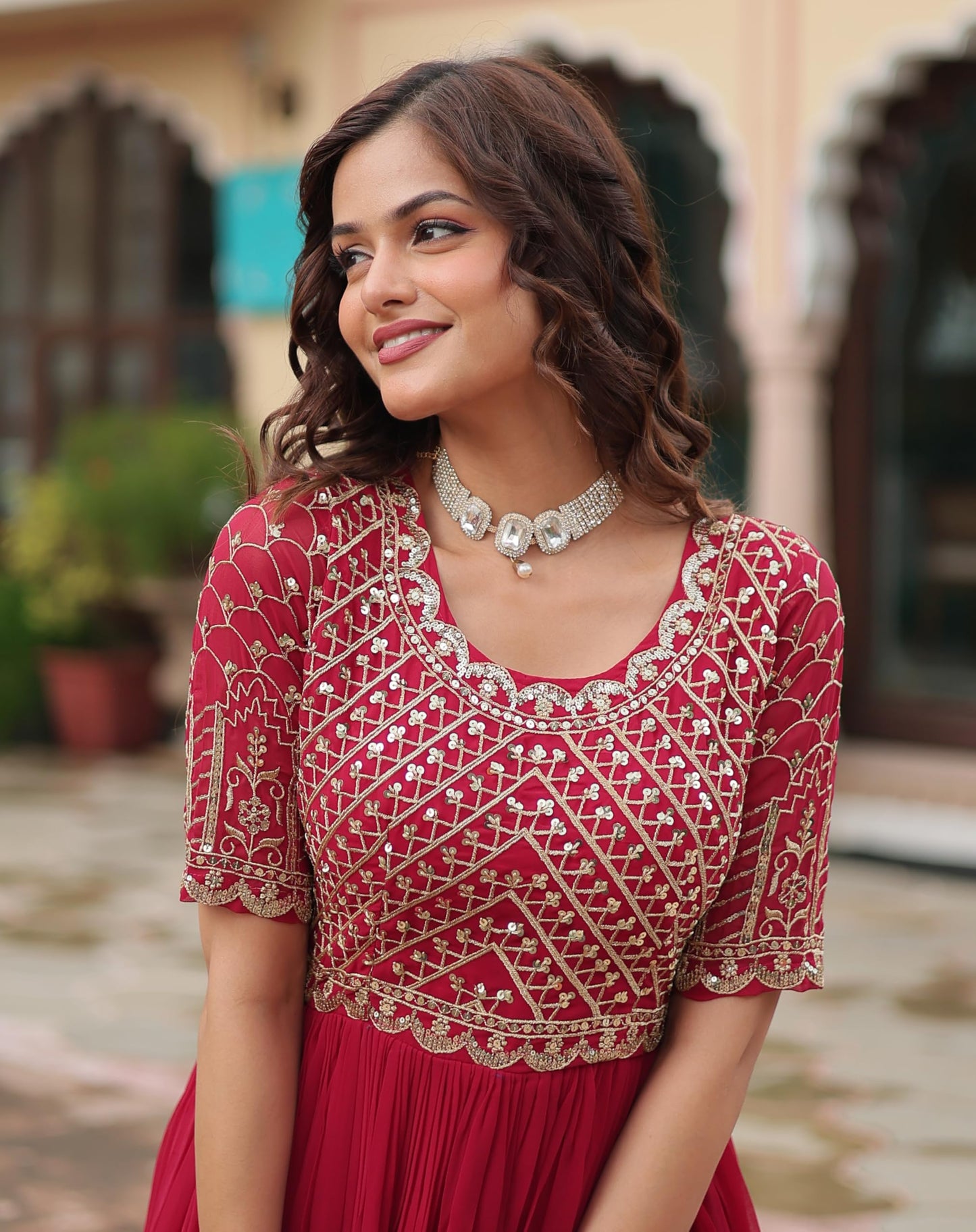 Fashion Basket Georgette Embroidered Anarkali Gown for Women Pink