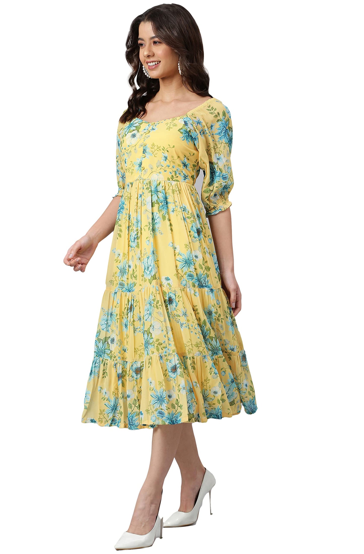 Janasya Women's Yellow Georgette Floral Printed Flared Western Dress(J0433-DR-J-S)