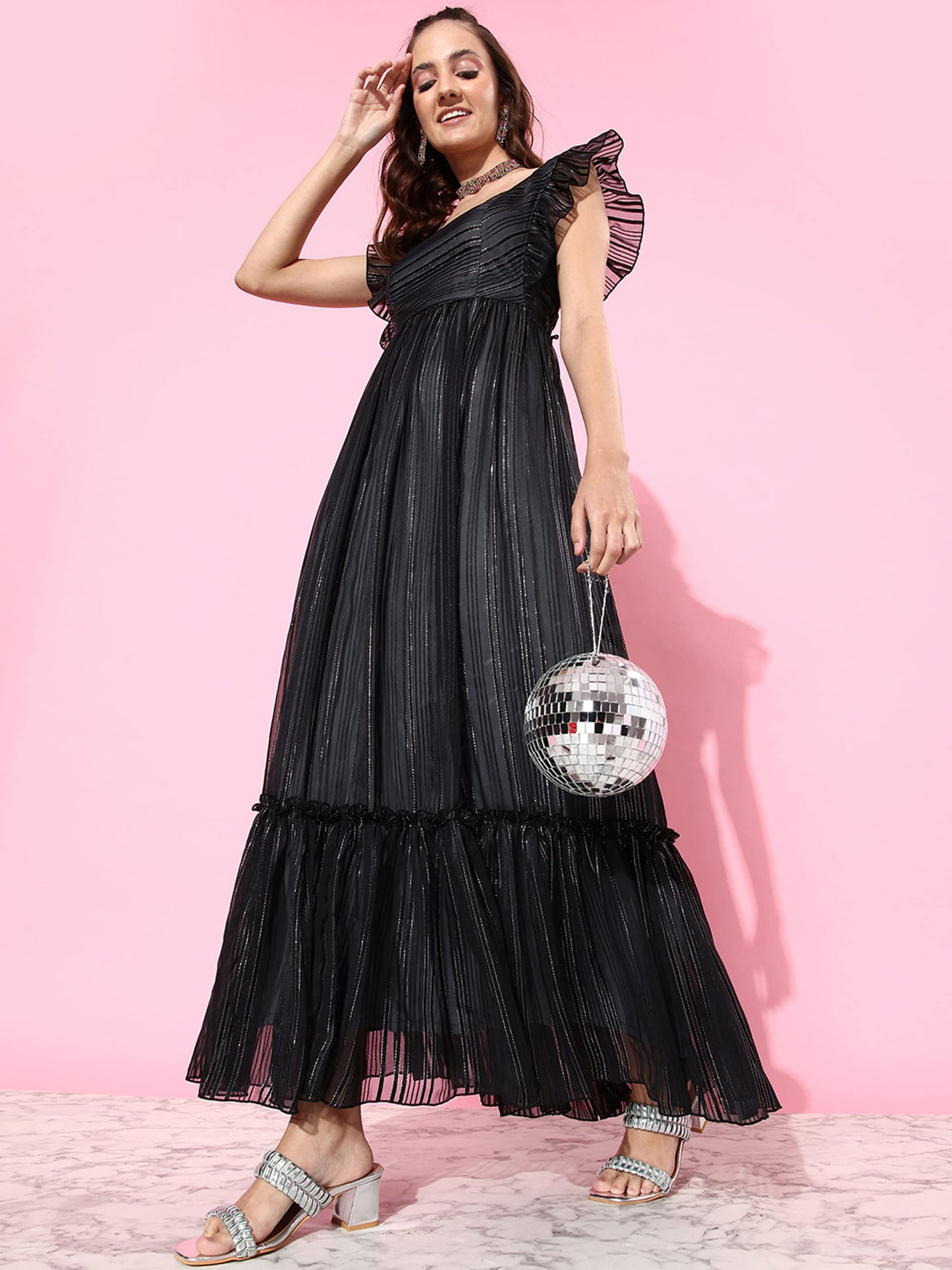 Miss Chase Women's Black Square Neck Layered Ruffles Sleeve Floral Patterned Tiered Georgette Maxi Dress (MCAW22D16-27-62-06, Black, XL)