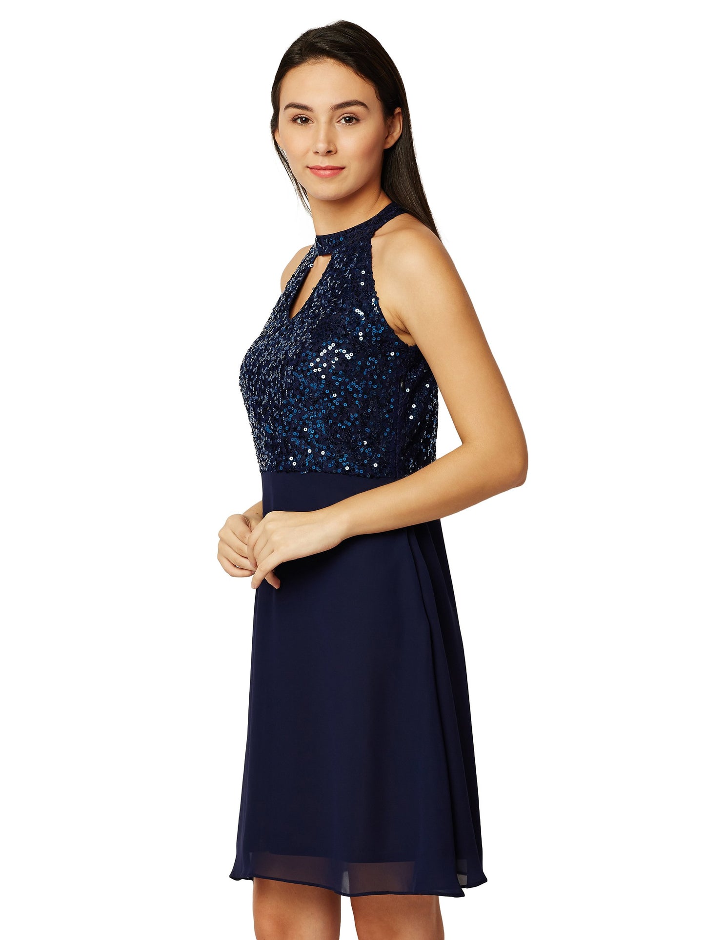 Miss Chase Women's Flowy Sequin Georgette Skater Dress(MCSS18D10-61-71-04,Navy Blue,Medium)