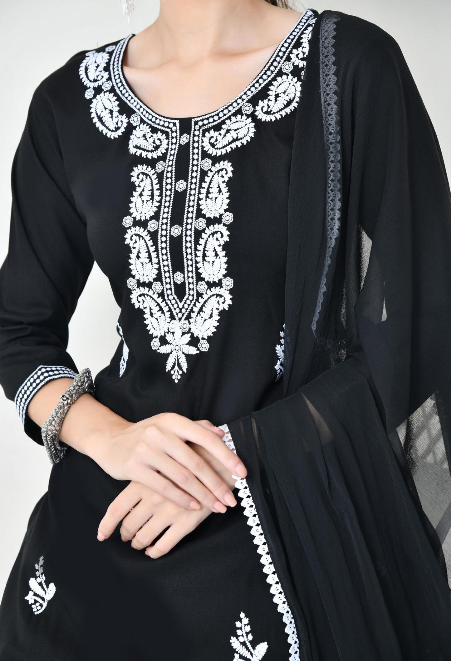 LIBOZA Chikankari Kurta Set for Women, Royon Cotton Straight Design Salwar Suit for Wedding, Diwali & Festival Kurti Pant With Dupatta, Suits Sets for Girls (IN, Alpha, L, Regular, BLACK)