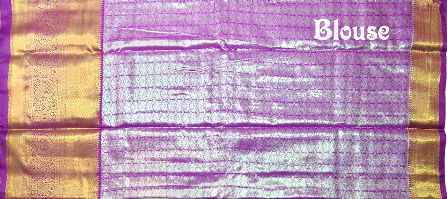 VFCollections Women's Kanchipuram Silk Pure Pattu Sarees With Blouse (VFC625-4), Purple,Beige