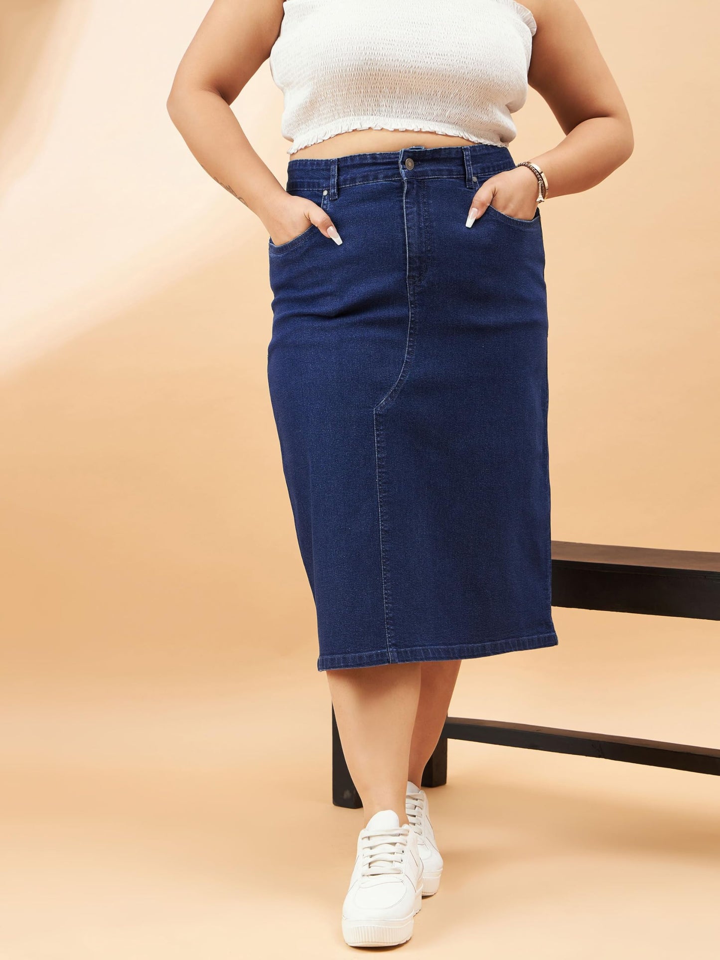 Navy Denim Acid Wash A-Line Skirt