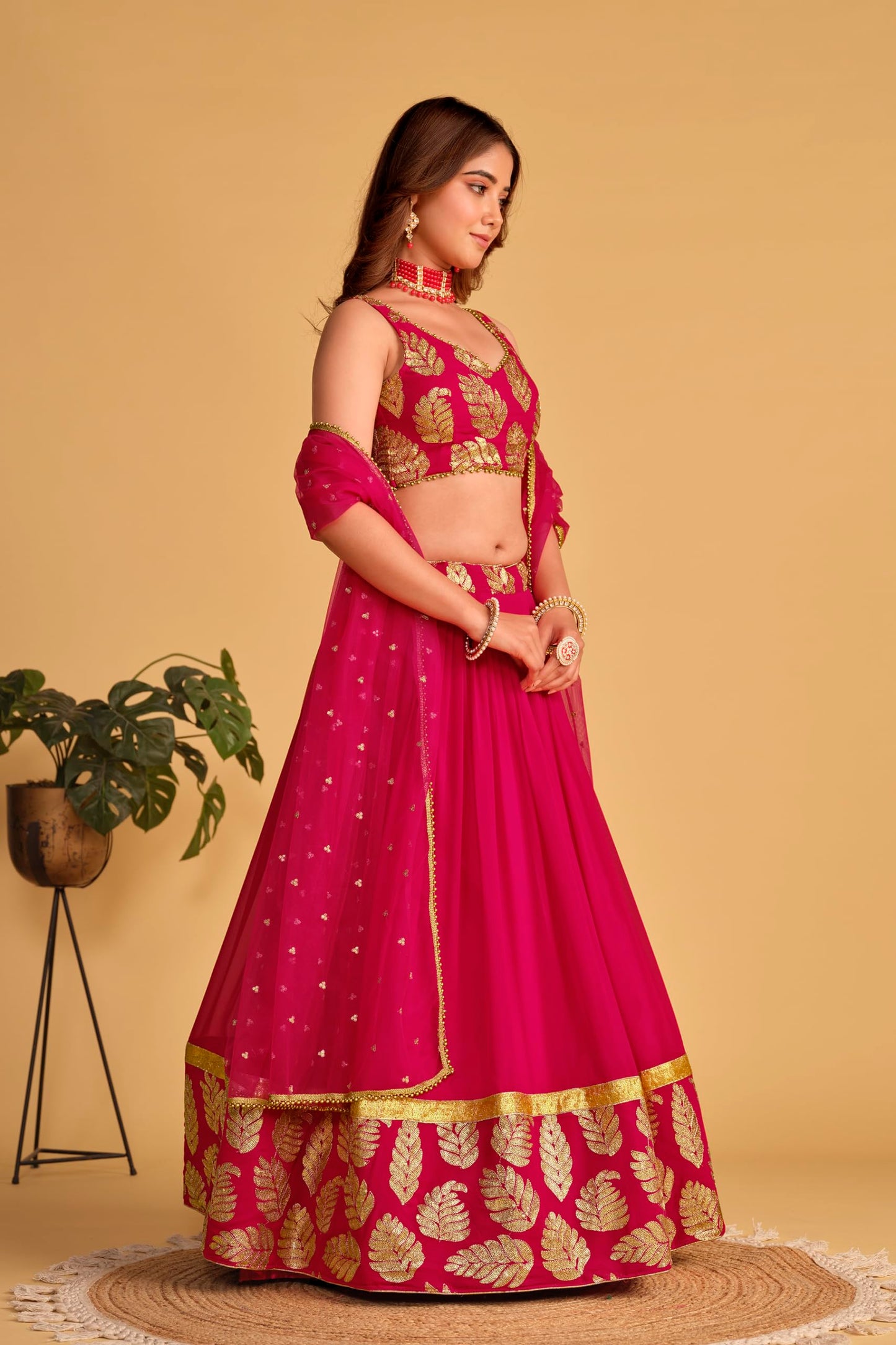 Fashion Basket Pink Georgette Jacquard Lehenga Choli for Women