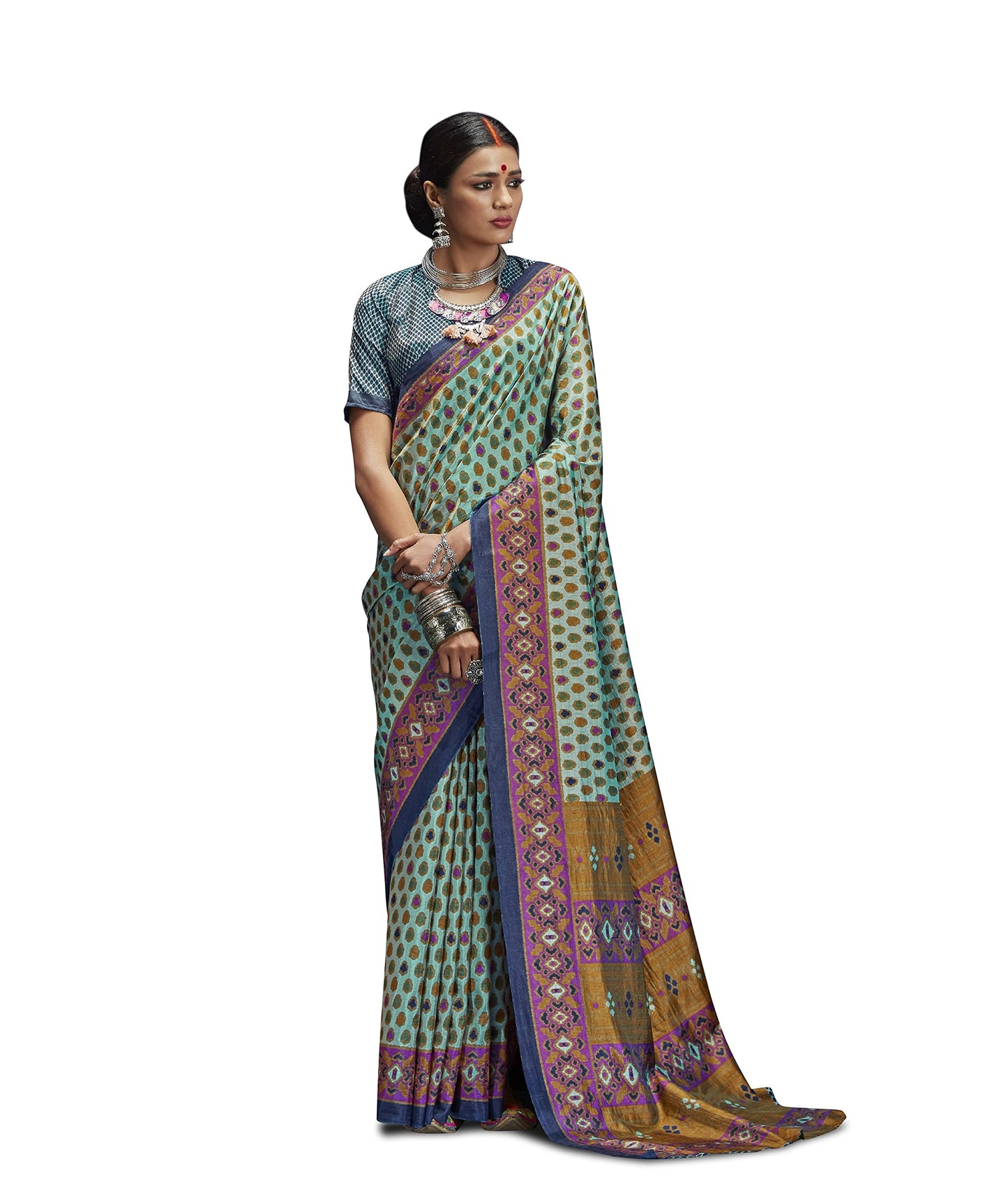 KARAGIRI Womens Patola Silk Blue Saree With Blouse Piece