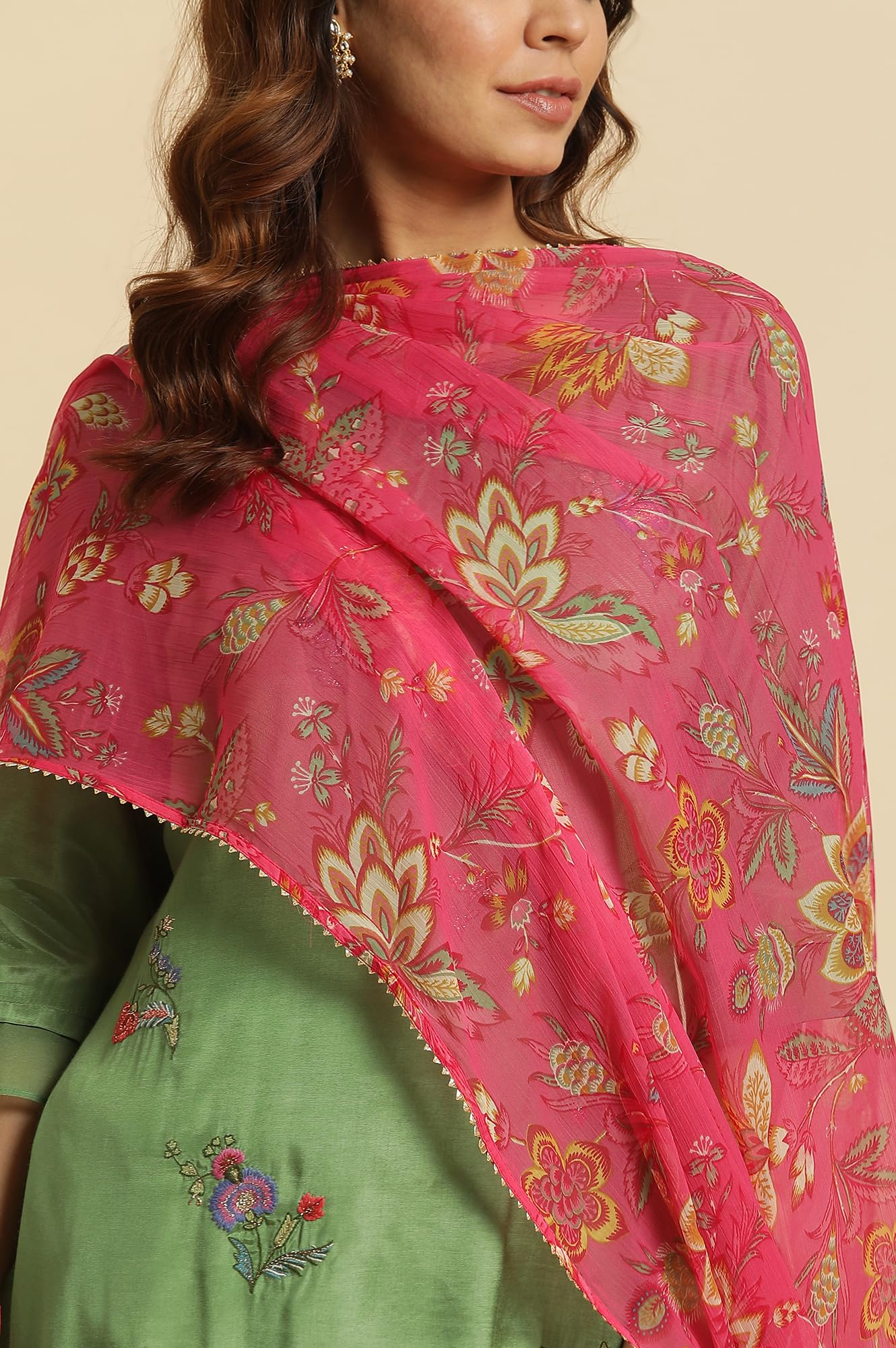 W for Woman Women's Polyester Pink Floral Printed Chiffon Dupatta (8905661211647_Free Size)_WFS