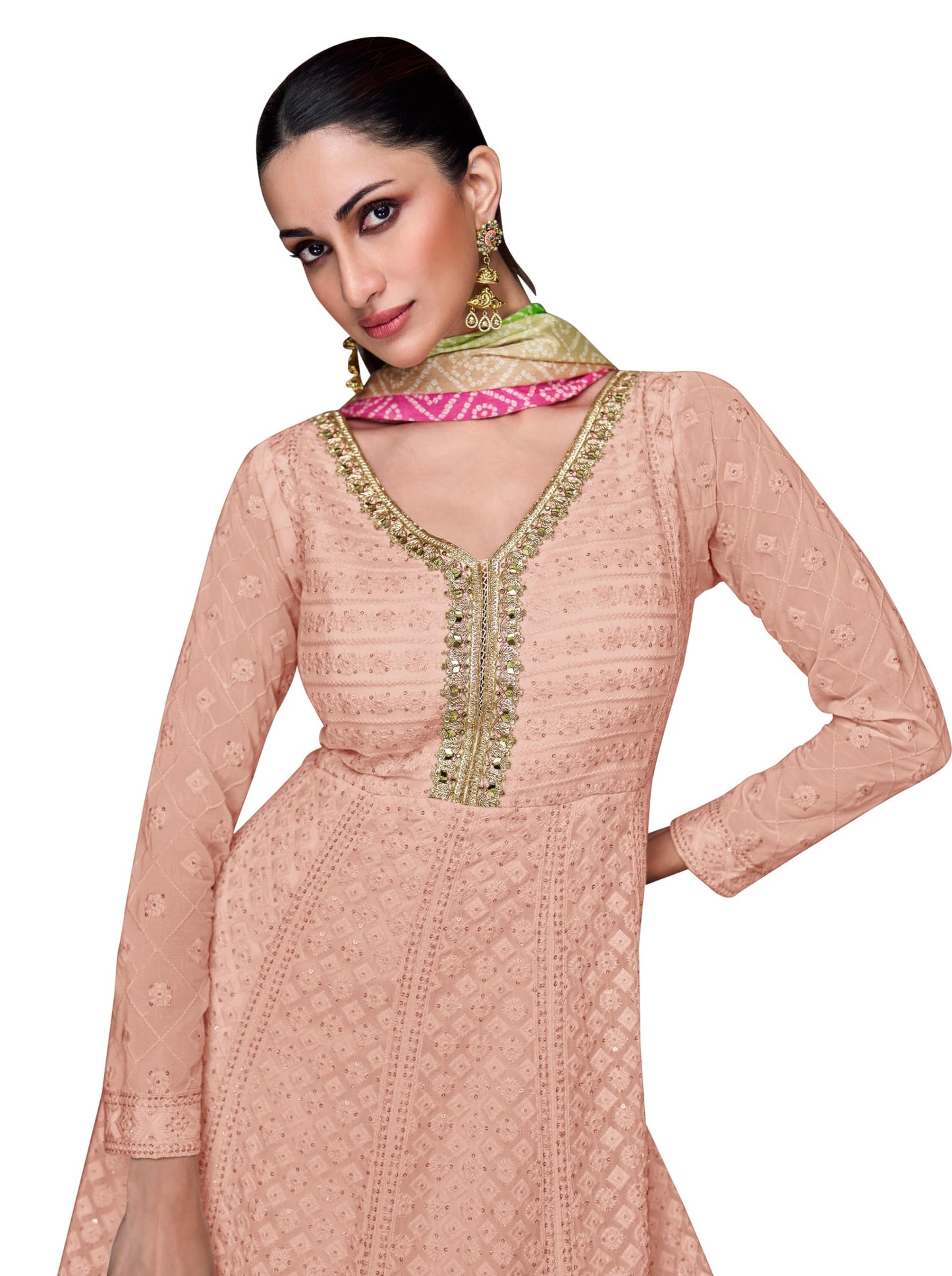 RUDRAPRAYAG Women's Georgette Long Sleeve V-Neck Maxi Anarkali Gown I Semi Stitched Womens Ethnic Wear