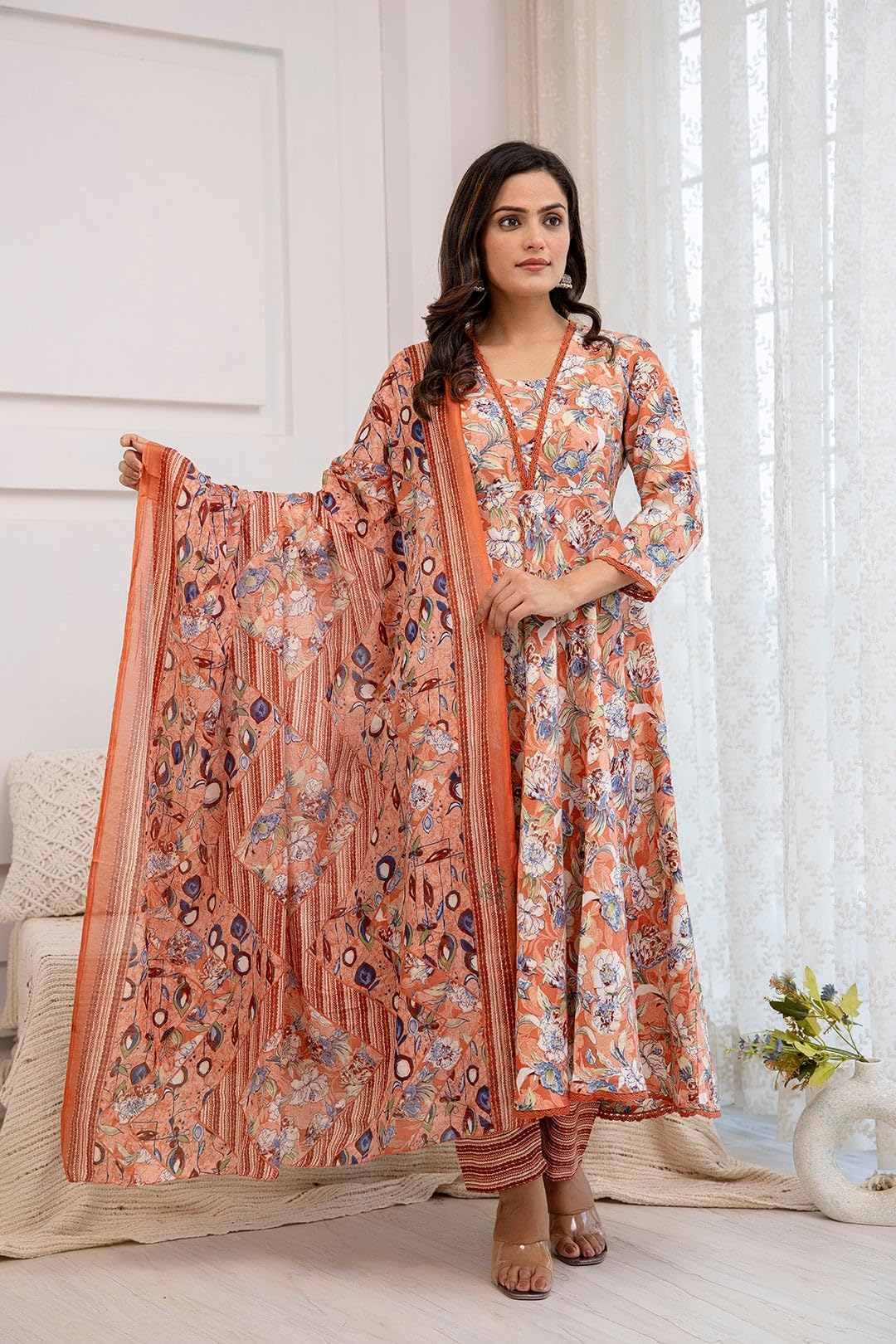 PARTHVI Women's Printed Cotton Anarkali Kurta and Pant with Dupatta Set (6X-Large Peach)