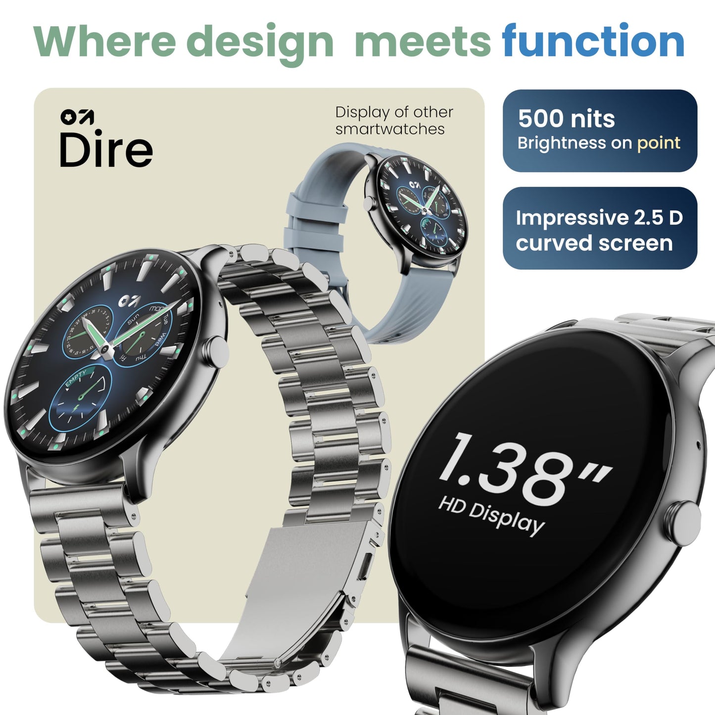 GOBOULT Dire Smartwatch: 1.38'' 2.5D Curved HD Display, BT Calling, 500 Nits Brightness, IP67, 250+ Watchfaces, 120+ Sports Modes, AI Voice Assistant, SpO2 Monitoring (Silver)