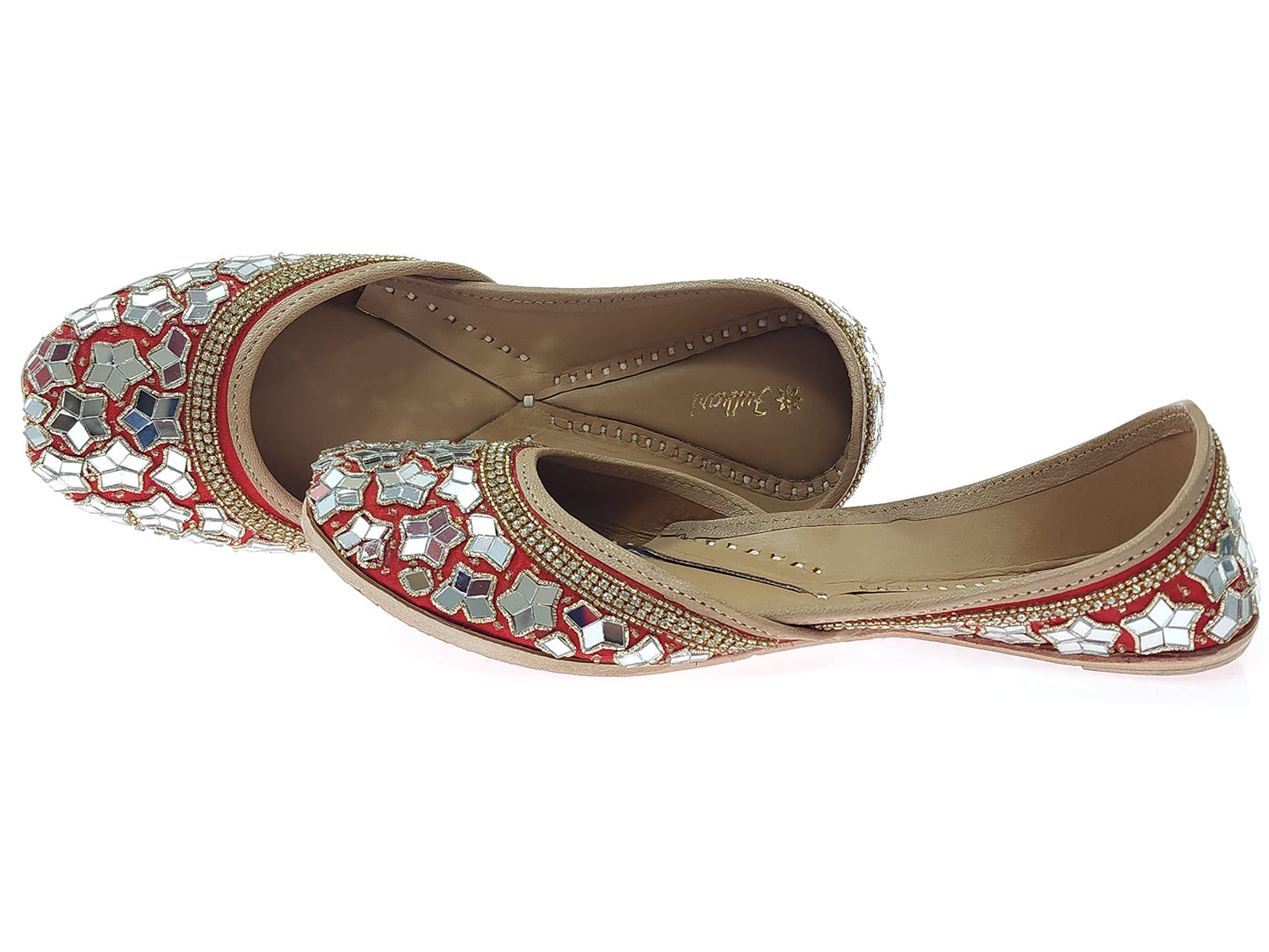 Fulkari Women's Mirror Flower Genuine Soft Leather Embroidered Jutis | Bite and Pinch Free Jutti | Punjabi Formal Juttis | Girl's Wedding Flat Ladies Mojari | Formal Ethnic Juti |