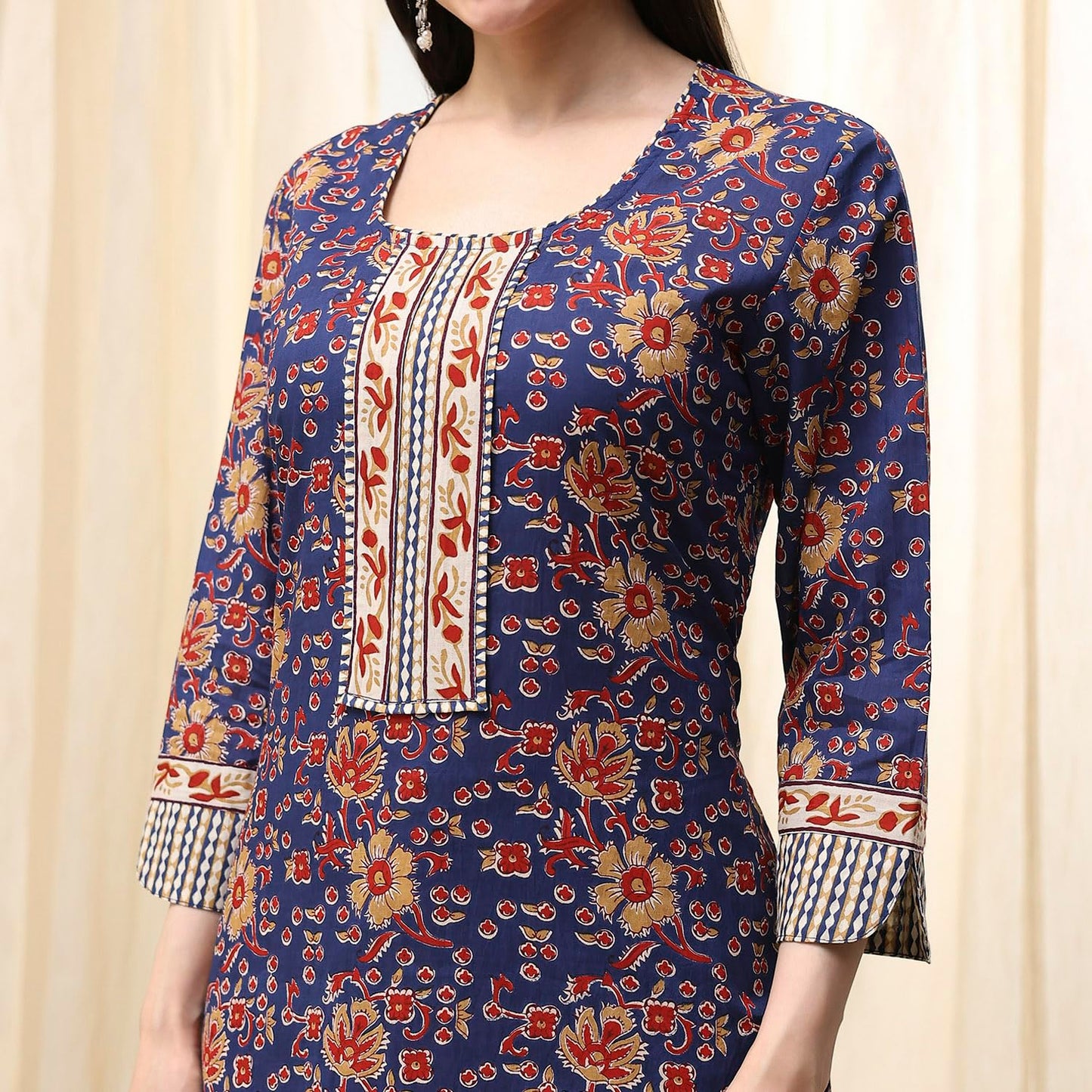BIBA Women Blue Cotton Screen Print Unstitched Suit Set_FREE SIZE