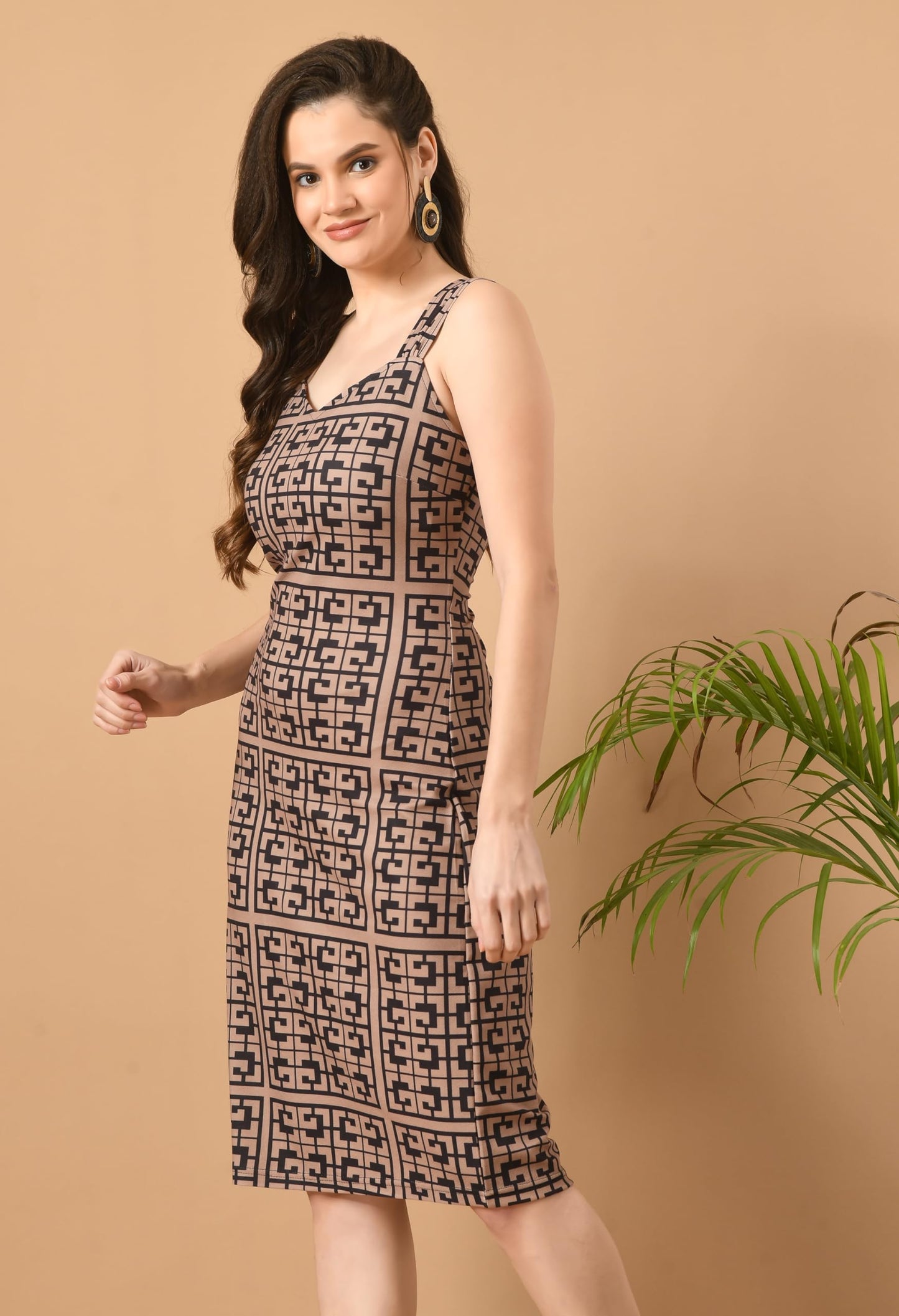 IUGA Women Dress Knee Length Sleeveless Designer Printed Brown