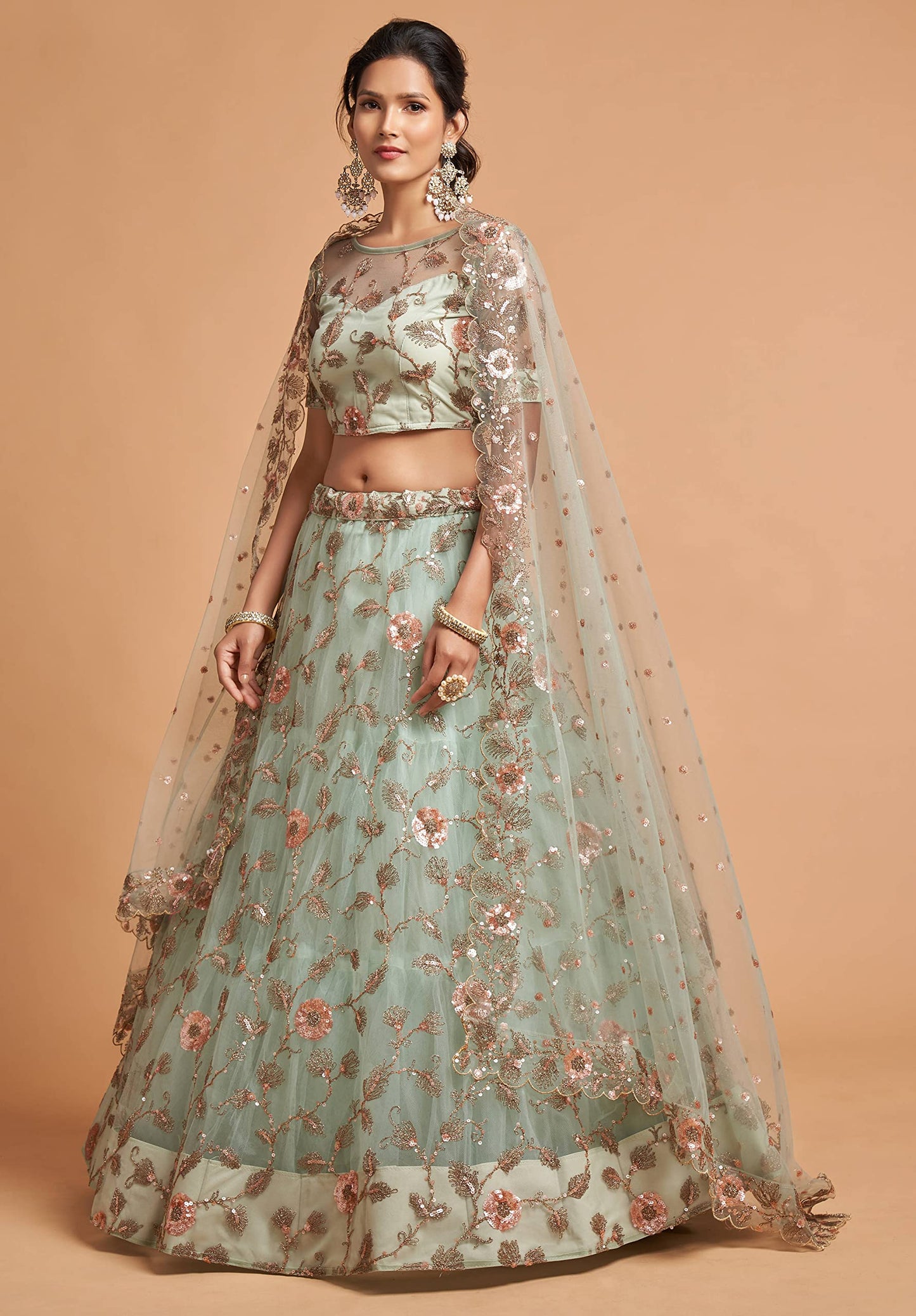 Divine International Trading Co Women's Net Embroidered Semi-Stitched Lehenga Choli with Dupatta (7314-SkyBlue-Wedding-Girlish-Latest-Lehenga; Free Size)