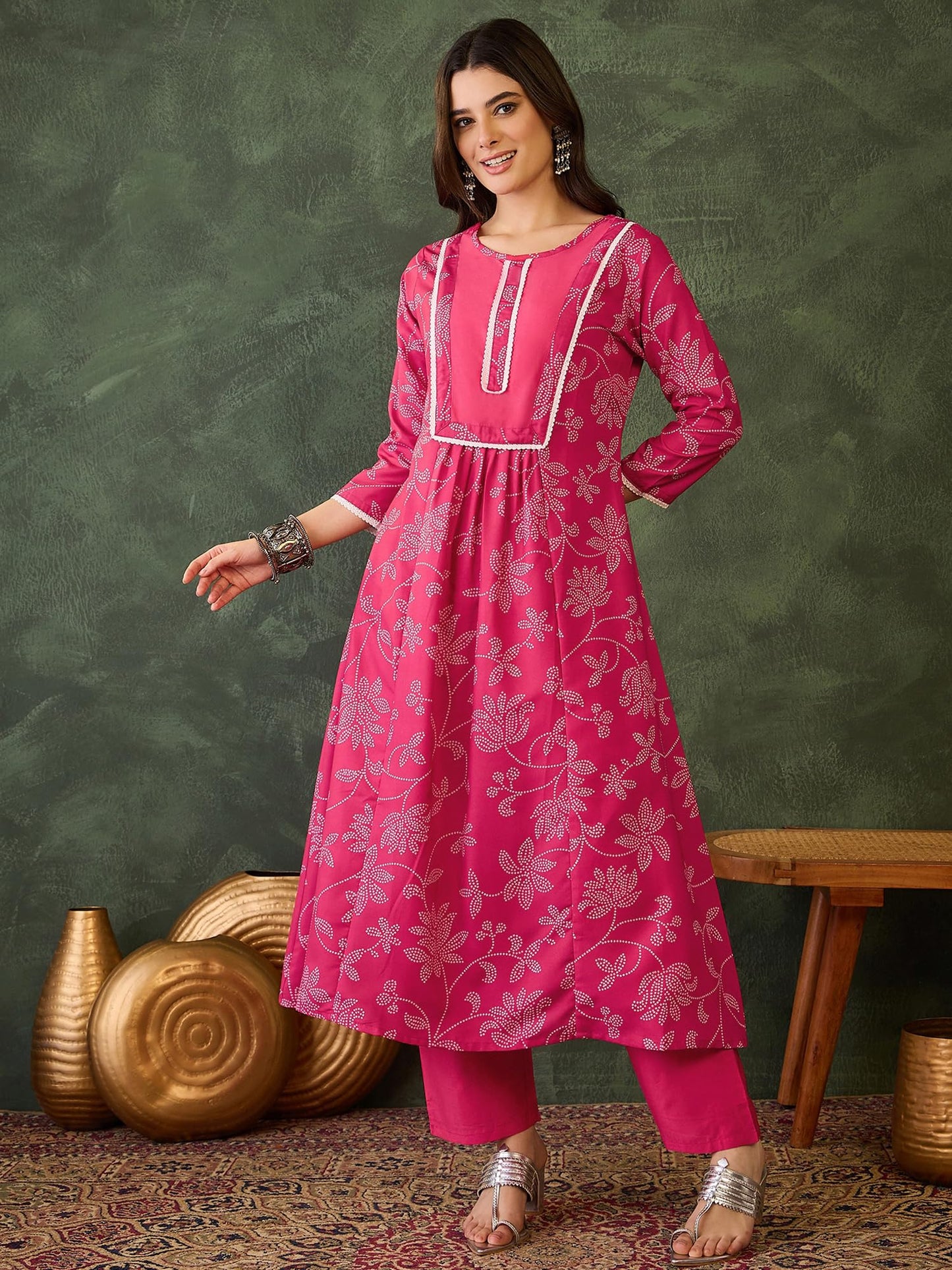 VARNI FABRIC Rayon Kurta Set for Women |Full Sleeves Floral Printed A-Line Kurta Set | Woman Salwar Suit with Pant & Dupatta | Festive Wedding Ethnic Wear | Prefect for Office Summer | Rani | 2XL