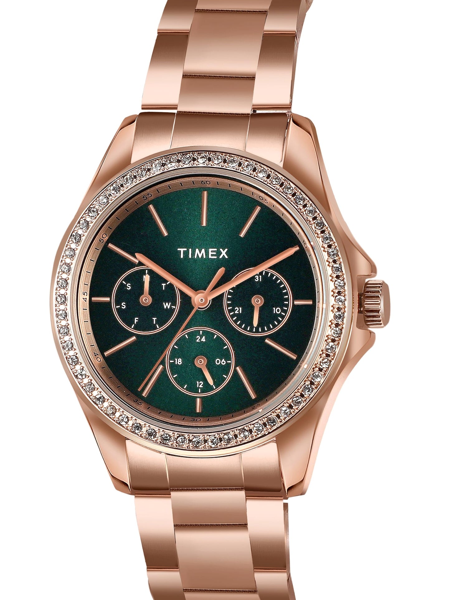 TIMEX Analog Watch for Women with Green Round Dial & Rose Gold Stainless Steel Bracelet Band Water Resistant Women's Wrist Watches - TW000Z402