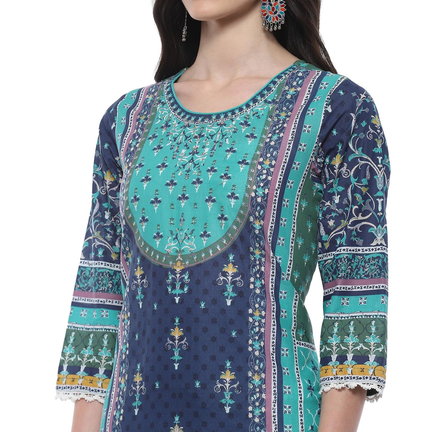 BIBA Cotton Women Printed Straight Fit Kurta Mix and Match(Assorted20018_Teal_34)