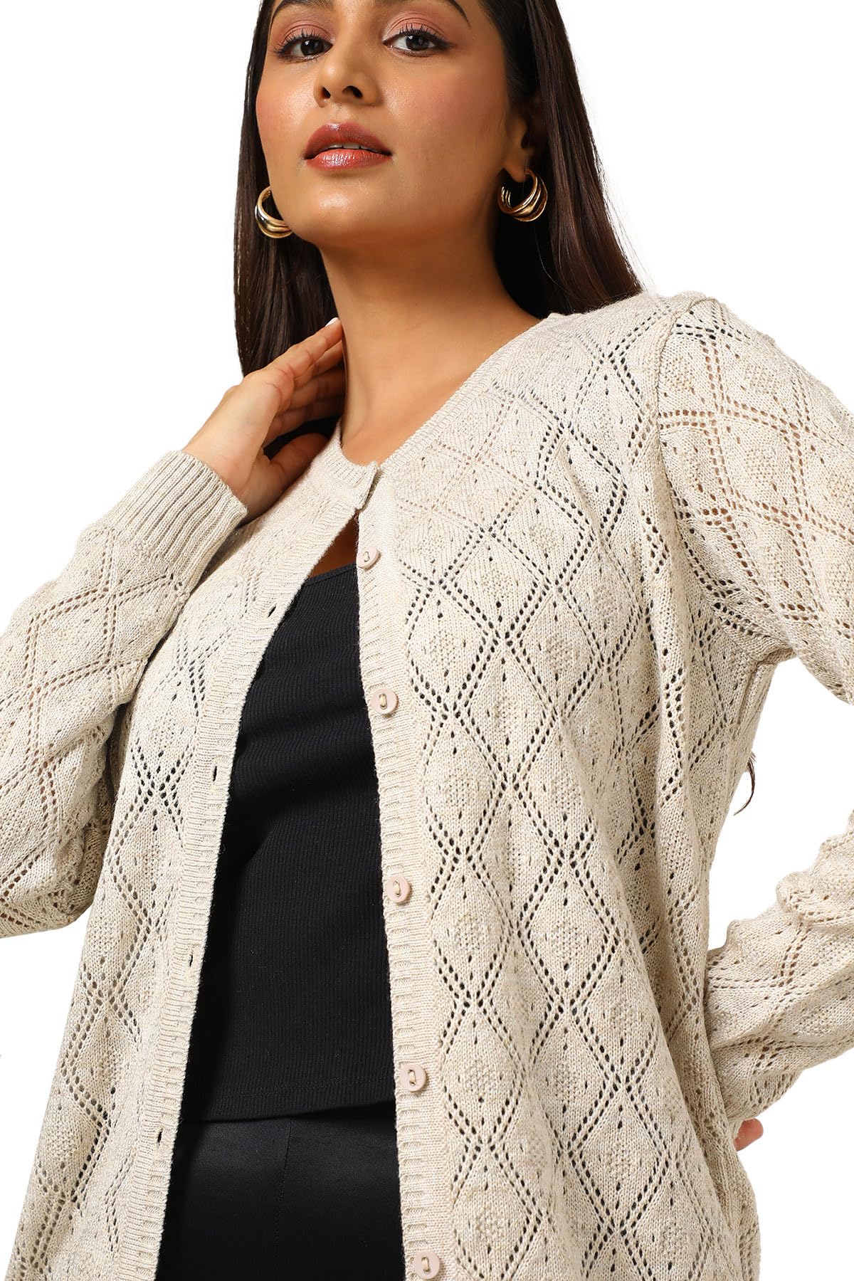 Soch Women's Acrylic Round Neck Cardigan (WW-CWA4OW72022_Off White