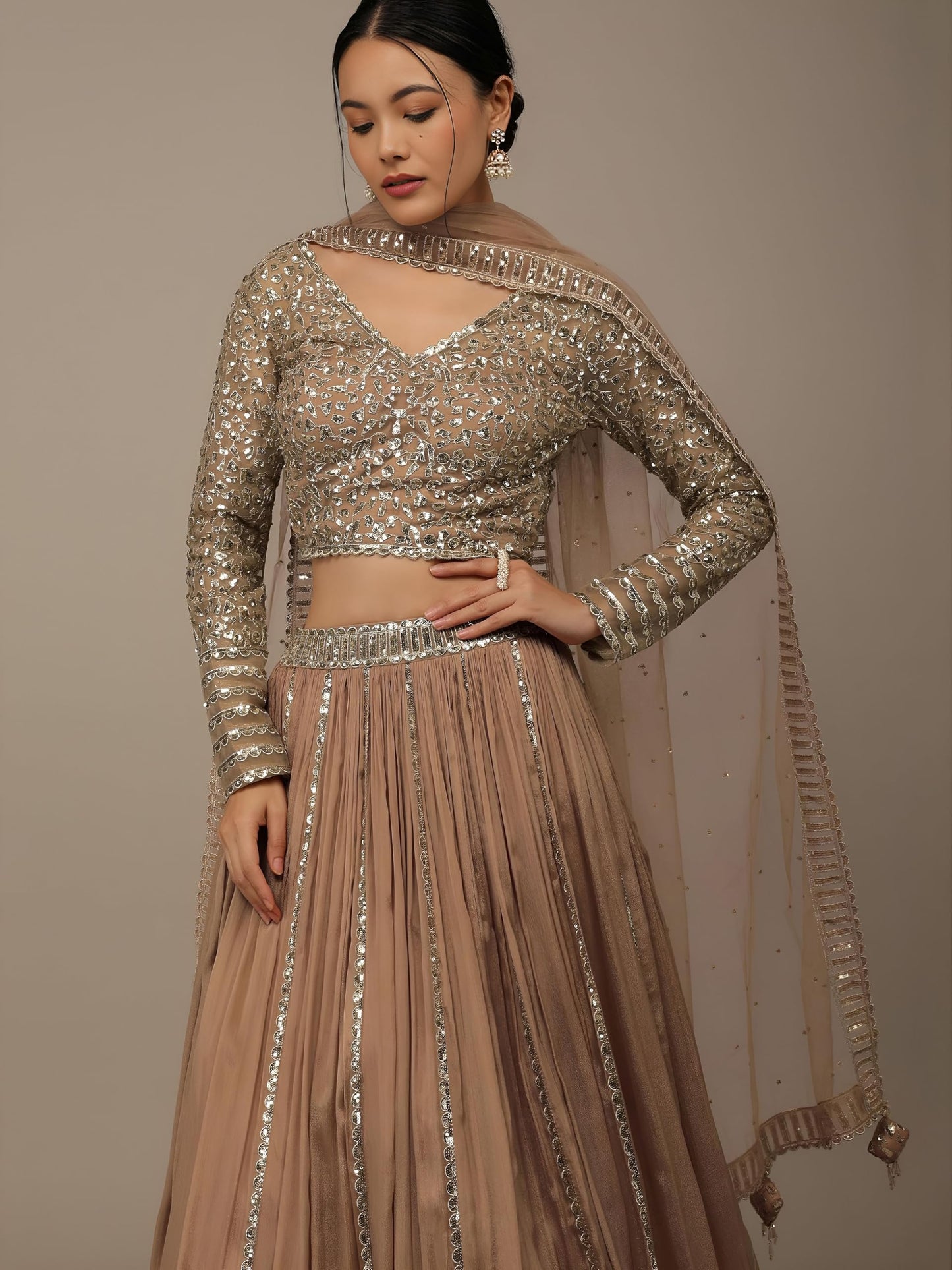 Zeel Clothing Women's Georgette Semi-stitched Sequins Zari Embroidered Lehenga Choli With Dupatta (7090-Beige--Lehenga-Choli-Latest; Free Size) (Beige)