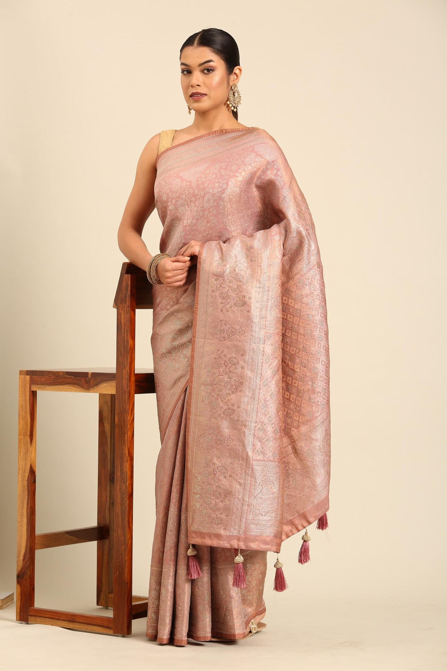 MOHEY Women's Art Silk Stone Work|Zari Saree (Dusty Pink)
