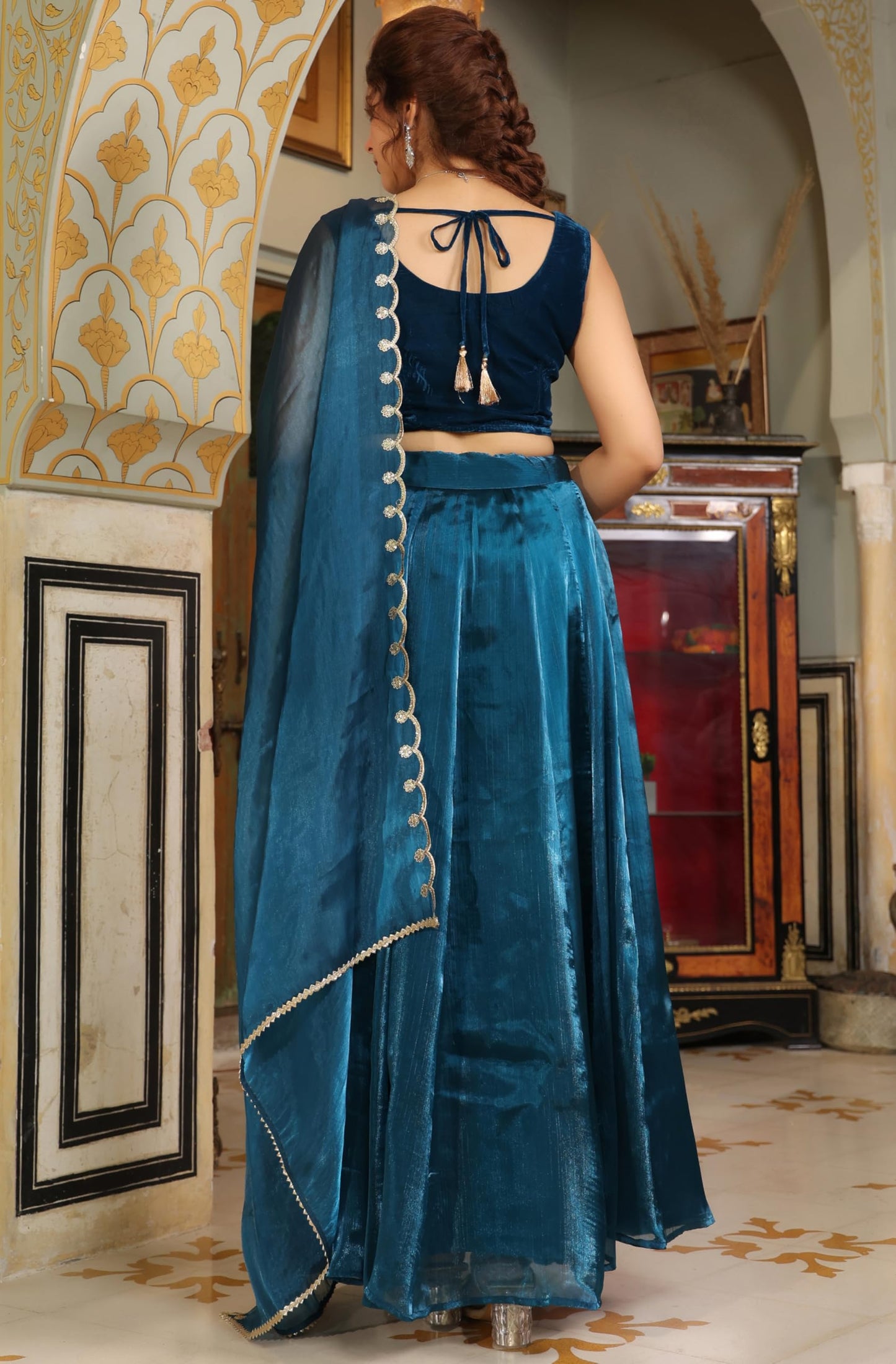 Janasya Women's Teal Blue Organza Zari Embroidered Pleated Ready To Wear Readymade Lehenga Choli Set (JAB24LC00469-XL)